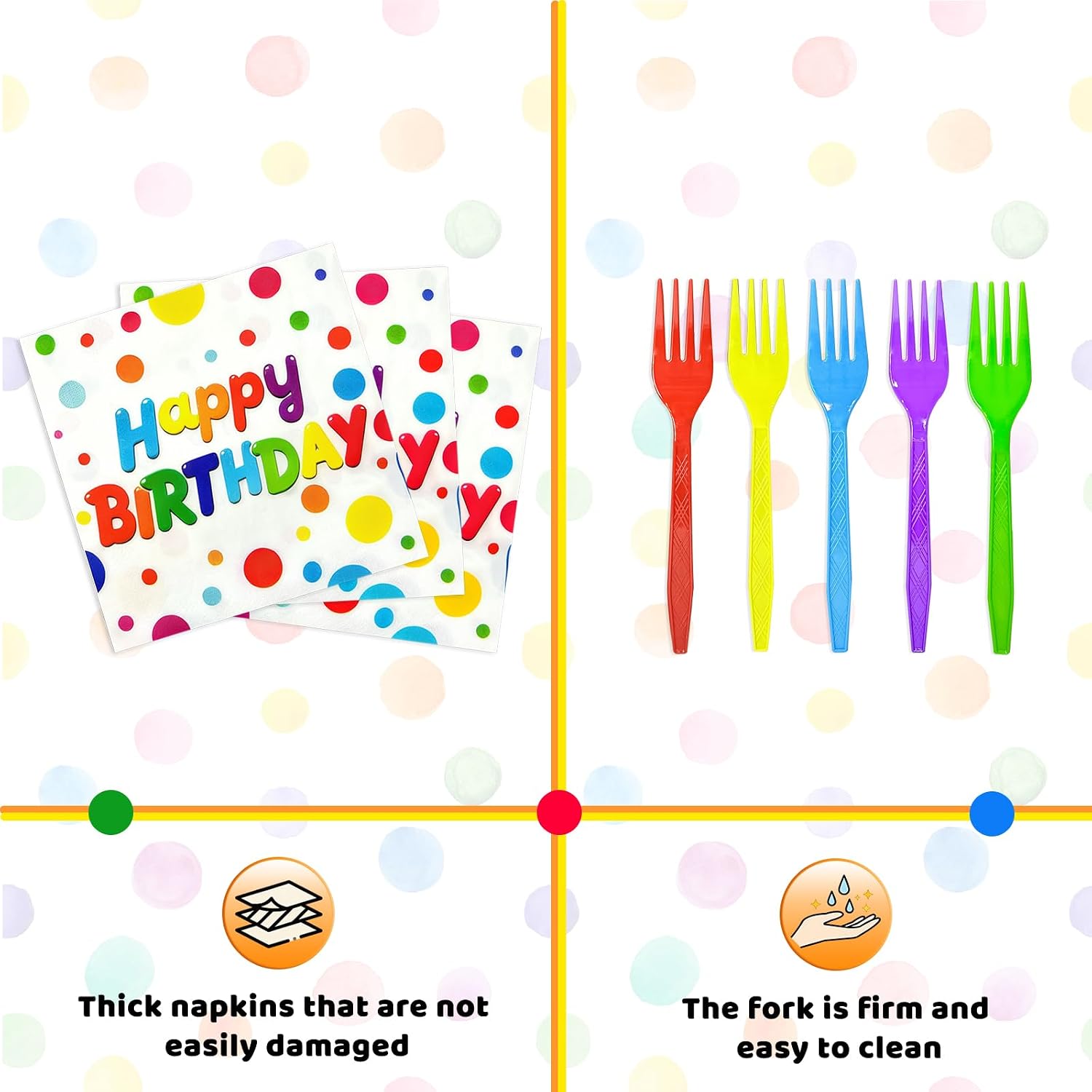 100 PCS Happy Birthday Paper Plates Napkins and Forks Set Serve 25, 9 Inches and 7 Inches Colorful Polka Dots Cake Dessert Plates Disposable Dinnerware Tableware Decor for Dinner Bday Party Supplies