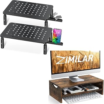 Zimilar 2 Pack Monitor Stand Riser with Phone Holder +2 Tiers Wood Monitor Stand Riser with Storage