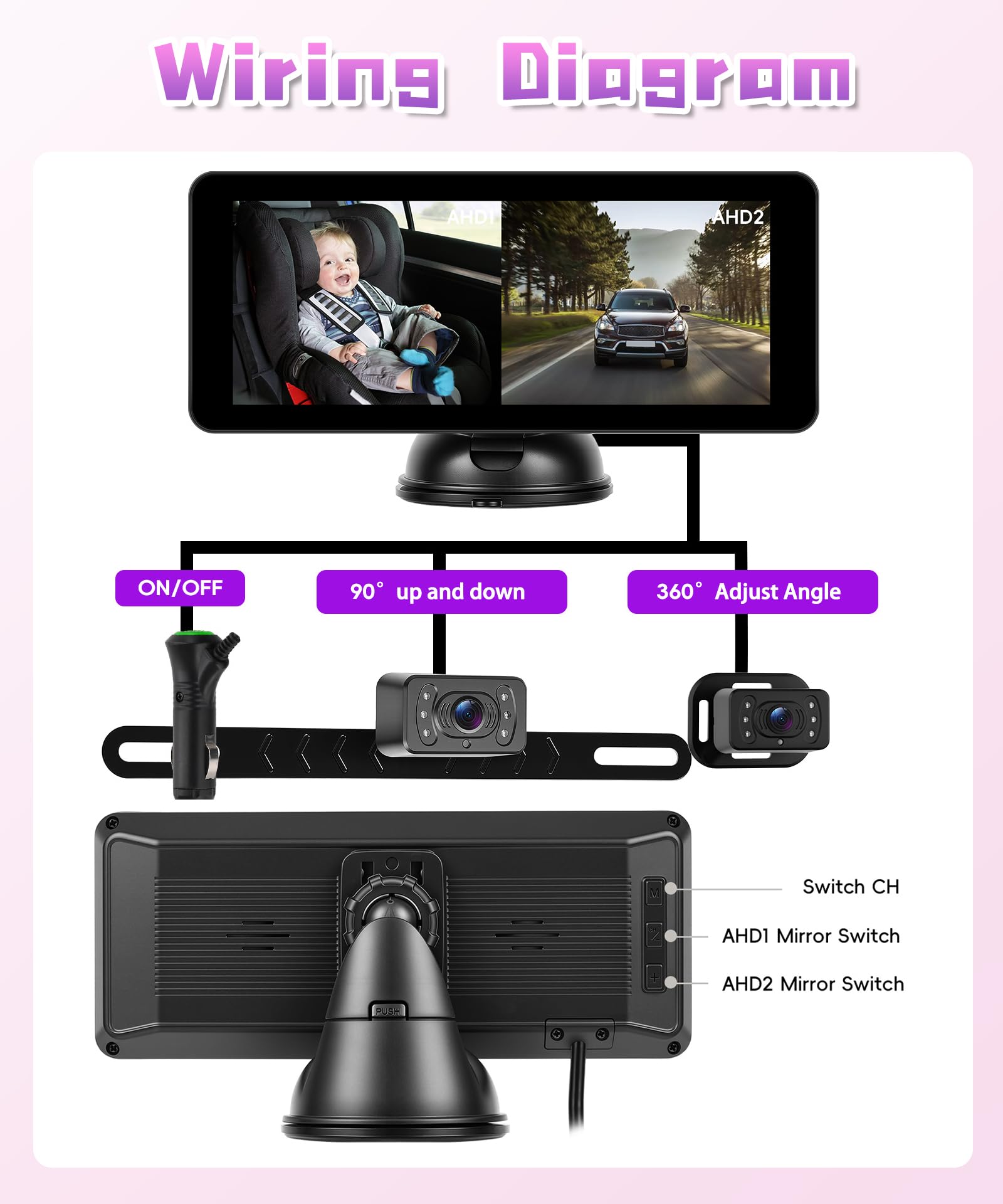 Rimoody Cámara de Coche para bebé con Cámara de Marcha Atrás con Matrícula, 6.86 Pulgadas Pantalla Dividida, Espejo de Coche para bebés con IR Visión Nocturna, 360° Giratoria Espejo Retrovisor de Bebé