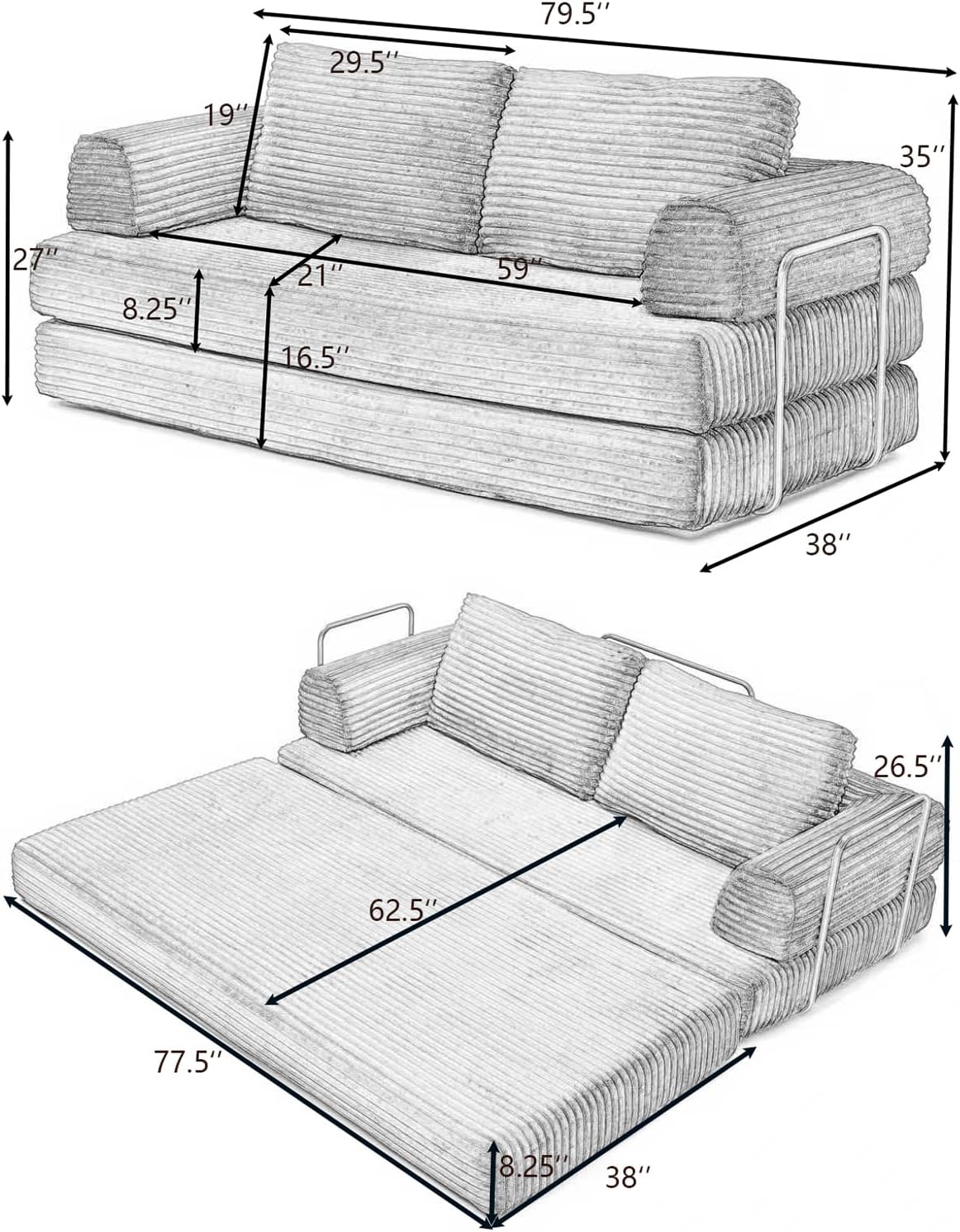Eafurn Boneless Convertible Folding Sofa Bed, 4-in-1 Memory Foam Sleeper Loveseat with Armrests, Modern Corduroy Upholstered Floor Couch & Fold Out Mattress for Living Room, Apartment | Breathable material, Fixed-shape Frame
