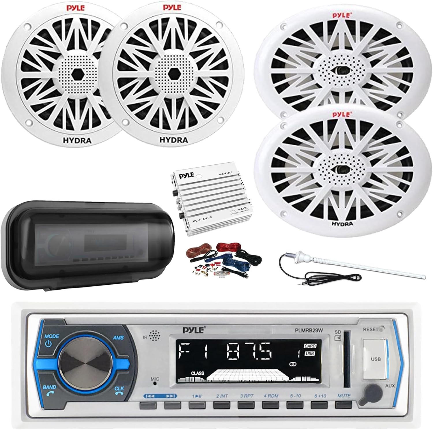 Pyle PLMRB29W Marine Single DIN Bluetooth MP3 Stereo Receiver, Cover, 4-Channel Amplifier w/Kit, 2x 6.5" 200W Full Range 2-Way Waterproof Speakers, 2x 6x9" 260W Outdoor Speakers, Radio Antenna