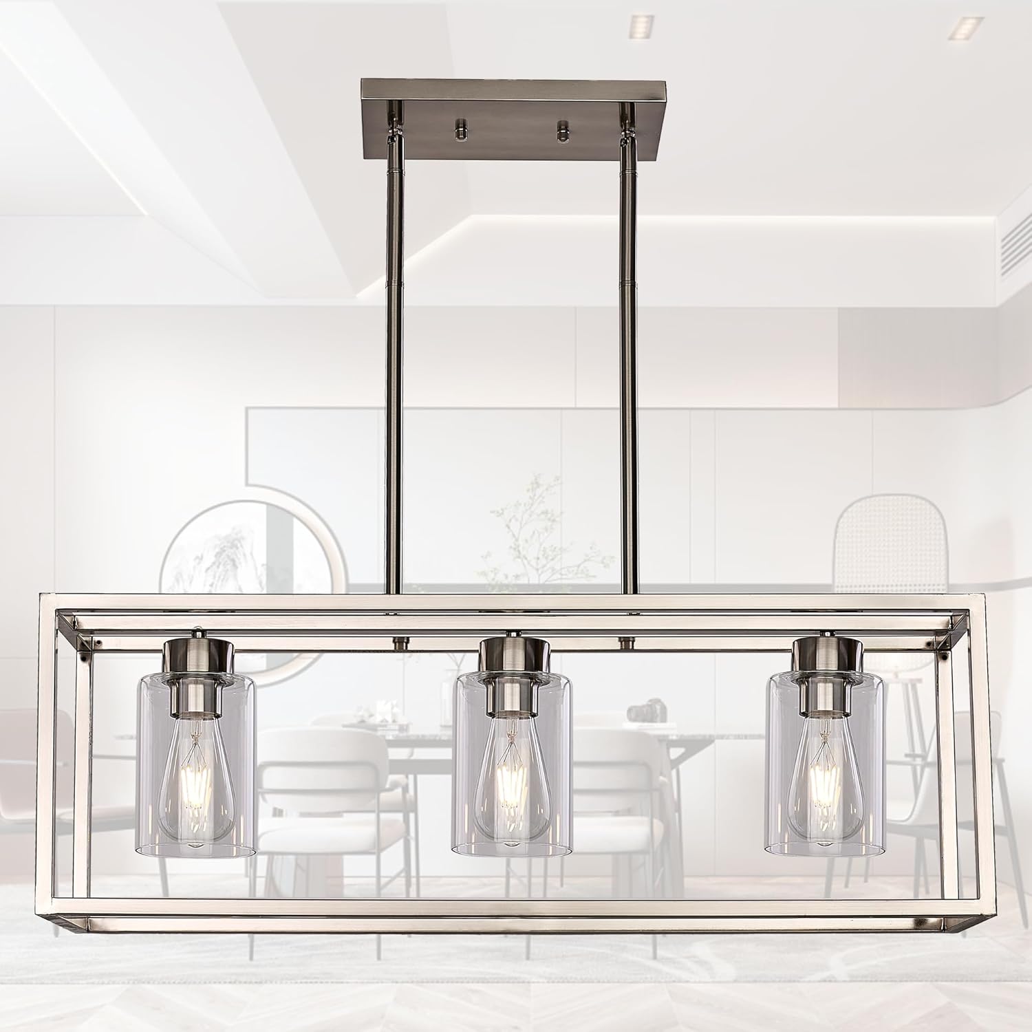 XILICON Black Dining Room Chandeliers Lighting Fixture Linear Pendant Modern 4-Light with Glass Shades Vintage Farmhouse Ceiling Light Hanging for Kitchen Island Cafe Bar