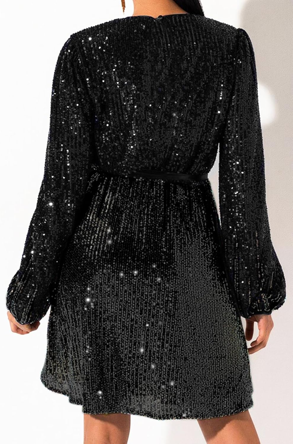 828 - Plus Size Long Sleeves Wrapped V Neck Sequins Skater Style Cocktail Evening Club Dress - Image 3