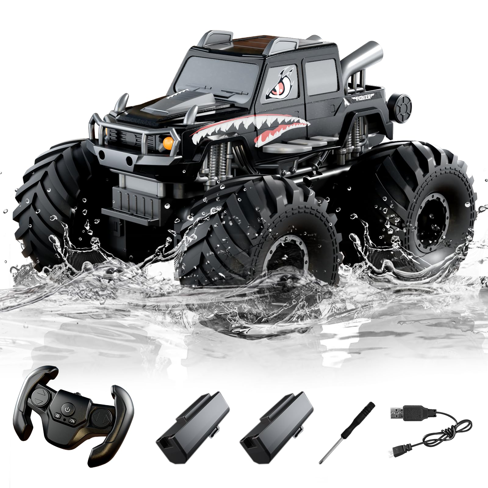 Amphibious Remote Control Car, Waterproof 360°Rotate 4WD RC Monster Trucks,2.4GHz All Terrain Off-Road Pickup Toy,RC Car Pool Toys Remote Control Boat for Gifts for Boys Kids Age 8-12+ (Black)