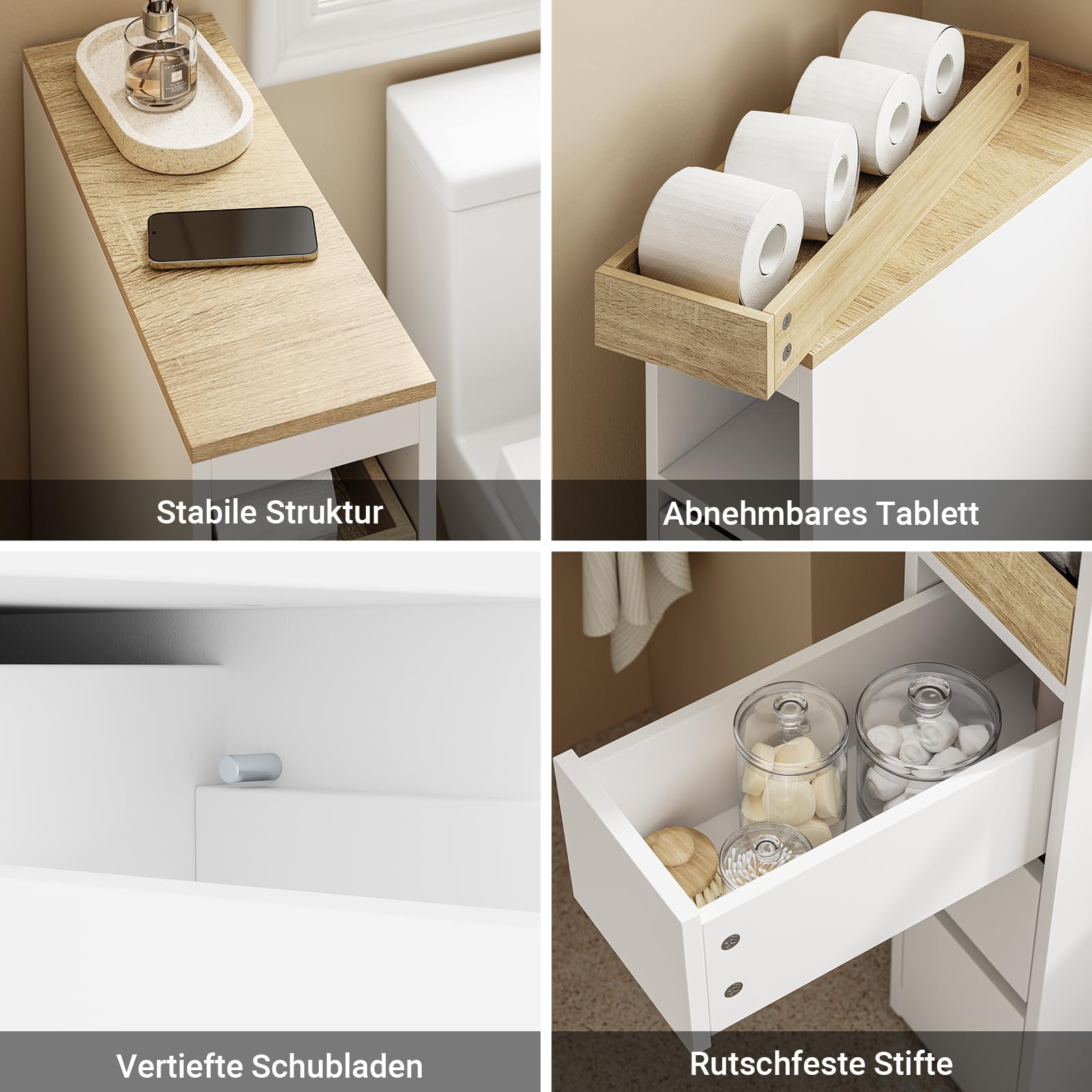 SoBuy Badezimmerschrank mit Rollen, 20 cm Schmaler Nischenschrank mit 3 Schubladen, Kompakte Badregal aus Holz, Beweglicher toilettenschrank für kleine WC en Küche, Weiß, 60x20x82,3cm, BZR54-K-W