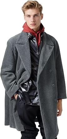 Mens Corduroy Trench Coat Peacoat Winter Double Breasted Mid Long Coats Casual Fall Christmas Fashion Overcoats