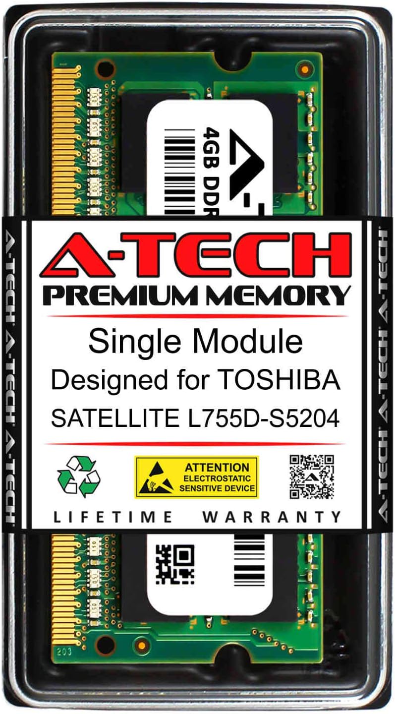 A-Tech 4GB RAM for Toshiba Satellite L755D-S5204 | DDR3 1333MHz SODIMM PC3-10600 204-Pin Non-ECC Memory Upgrade Module