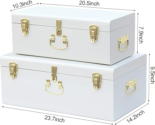 Miniatura 121 de Vixdonos Juego de 2 baúles decorativos de almacenamiento de caja de metal con asa (blanco con cierres de bronce) Blanco con cierres de bronce,Beige