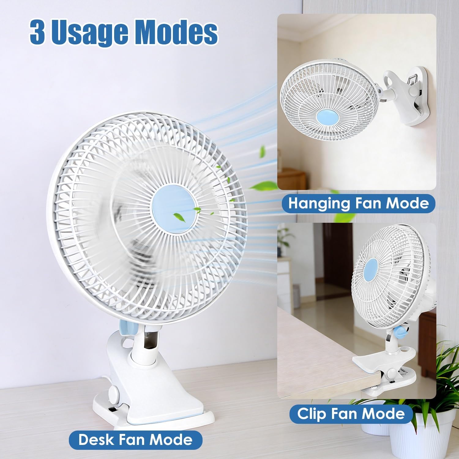 Oscillating Clip On Fan, 9 Inch 2 Speeds Quiet Clamp Fan with 90° Oscillating & Tilting Angle Desktop Wall Mount for Home Office Dorms Strollers with 4FT Cord (BlueWhite)