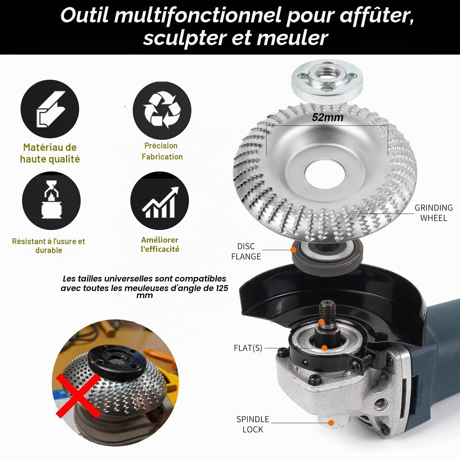 Disque Bois Meuleuse pour le Meulage 125x22mm, 3 Pièces Disques de Meulage pour Façonner Meuler et couper Roues pour Meuleuse d'angle Disque à sculpter le bois