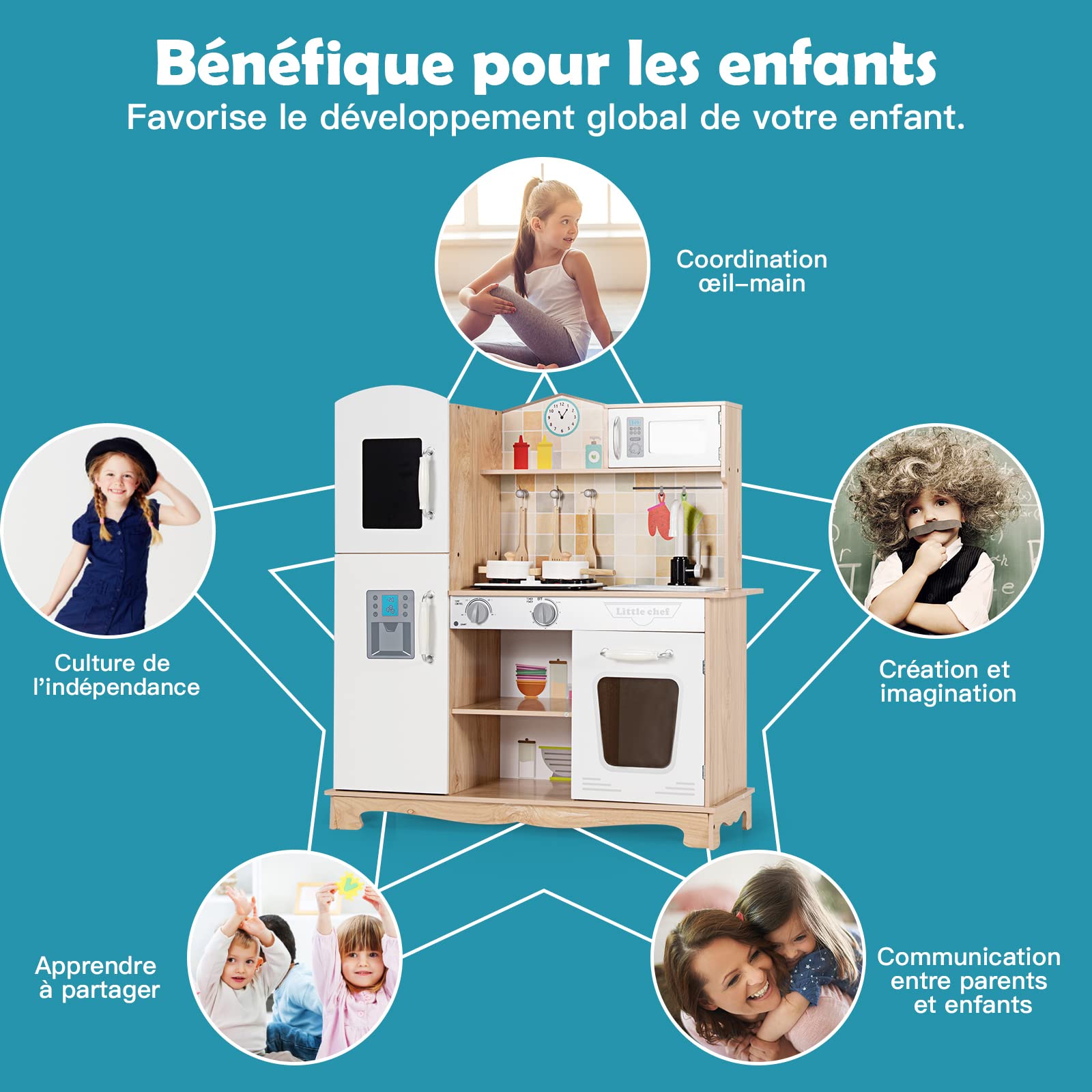 COSTWAY Cuisine pour Enfants avec Four Micro-Ondes et Robinet - 5 Accessoires Jouet d'Imitation pour Enfant de 3 à 7Ans 81 x 29 x 88,5 CM