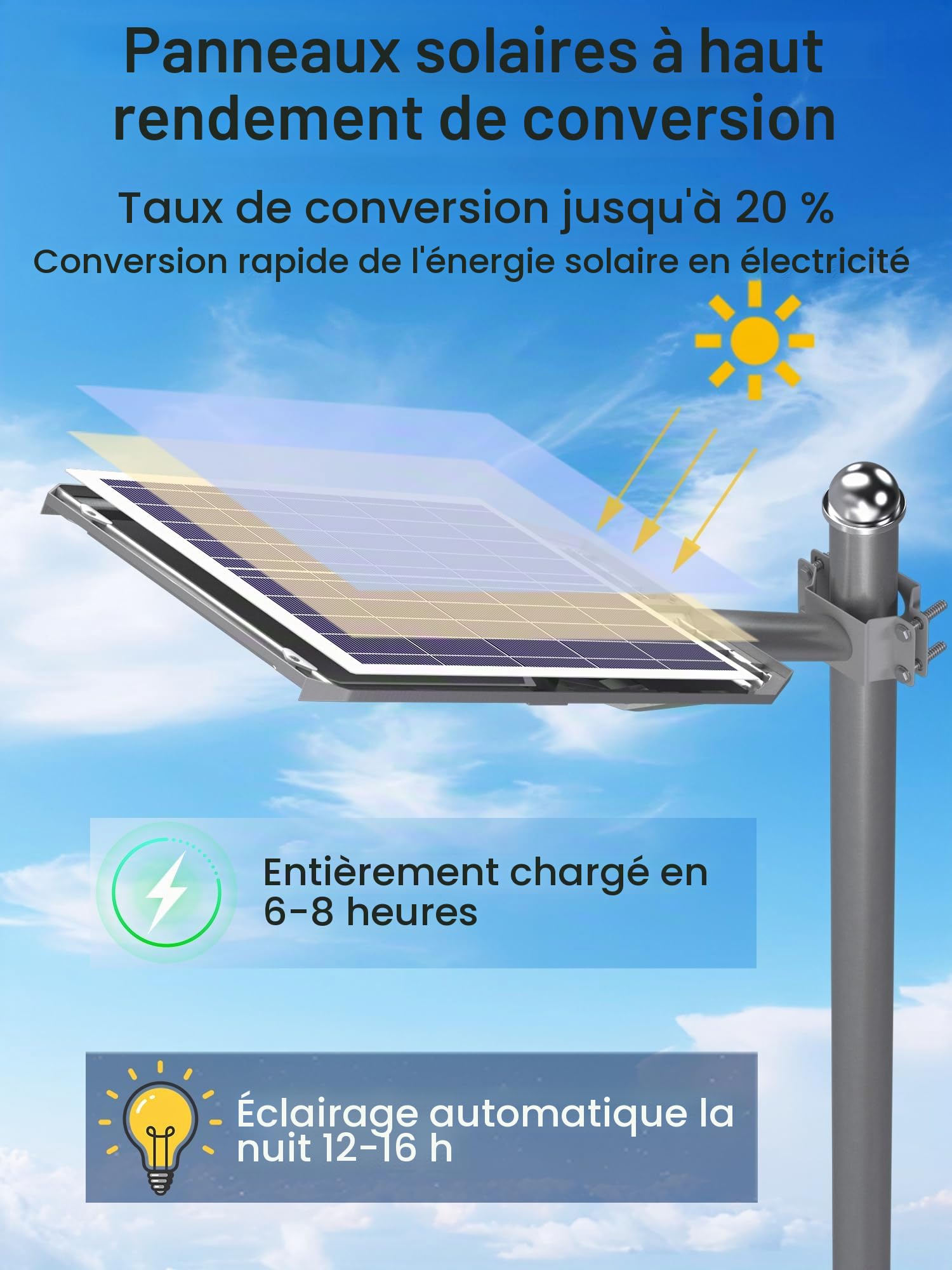 Ofuray Of-8000W Lampadaire Solaire Exterieur Puissant, 6500K Super Bright Projecteur Extérieur avec Detecteur de Mouvement, IP67 Étanche Eclairage Lampe Solaires pour Garage, Jardins, Cour