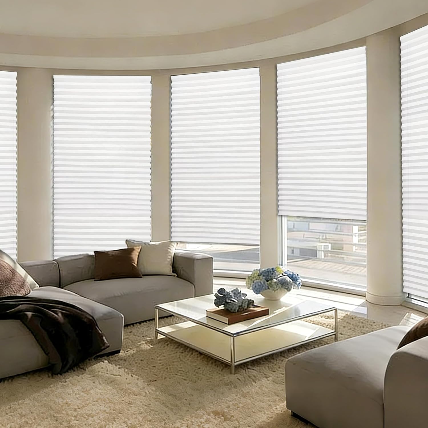3 Pack Temporary Window Blinds 35 x 110 Pleated Paper Fabric Shades, Self-Adhesive Cordless Light Filtering Privacy Blinds for Indoor Windows of Office, French & Sliding Doors, Cut to Size (White)