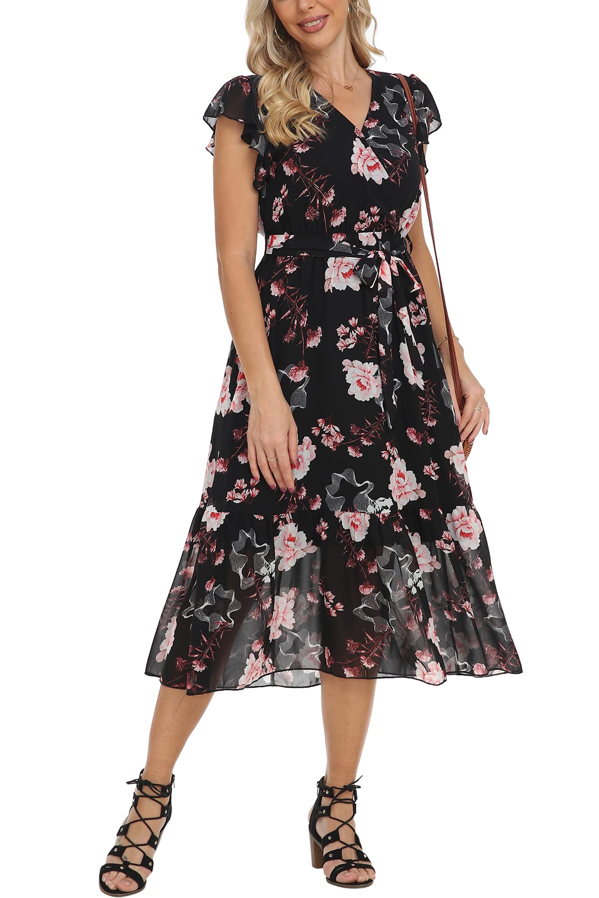 Women's Floral Summer Dress Casual Wrap V Neck Boho Dresses Ruffle Cap Sleeveless Belt A-Line Pleated Hem Midi Dress