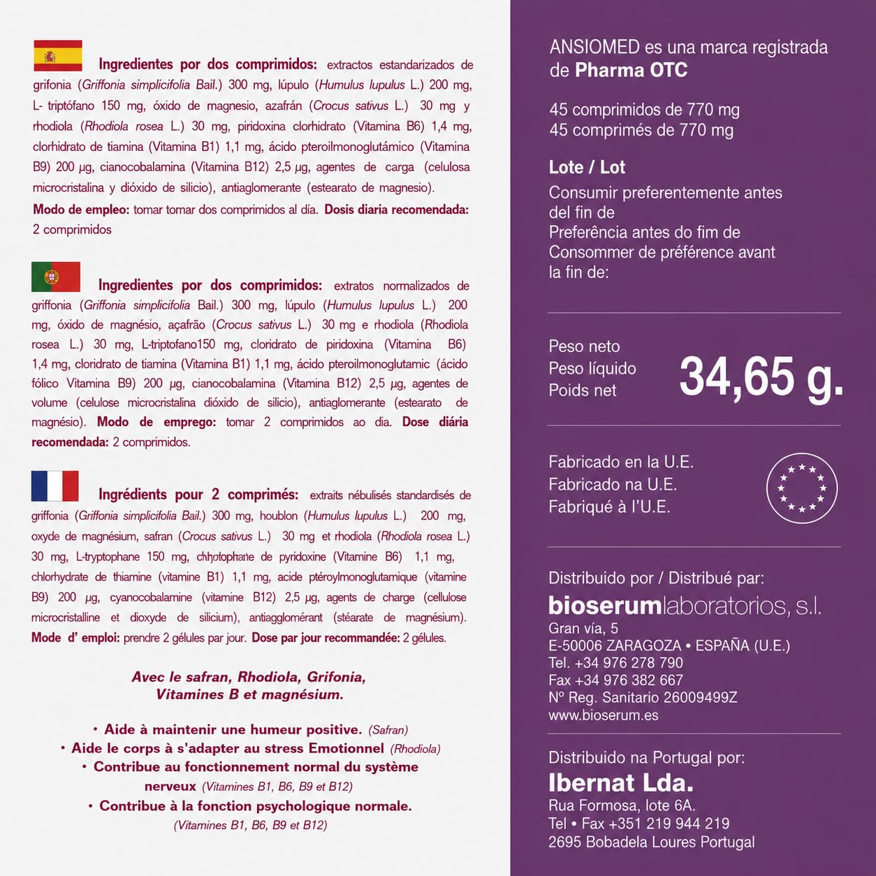 Ansiomed Mente Positiva 45 Comprimidos - Pack de 2 - Ayuda a Mantener un Estado de Ánimo Positivo en Momentos de Estrés - Azafrán, Rhodiola, Grifonia, Magnesio y Vitaminas