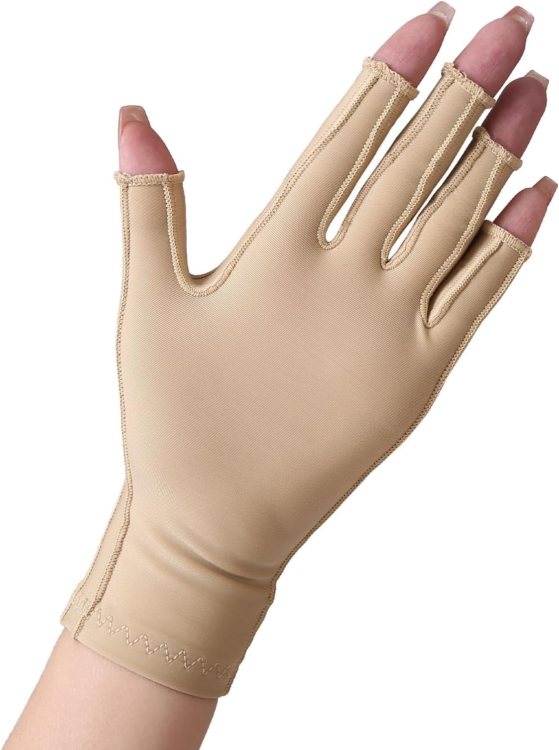 NURCOM Compression Arthritis Gloves Support for Women & Men, Relieve Pain & Swelling from Arthritis, Carpal Tunnel, Tendinitis, Tendonitis, Single Glove for Left & Right Hand, Open Finger Beige Medium