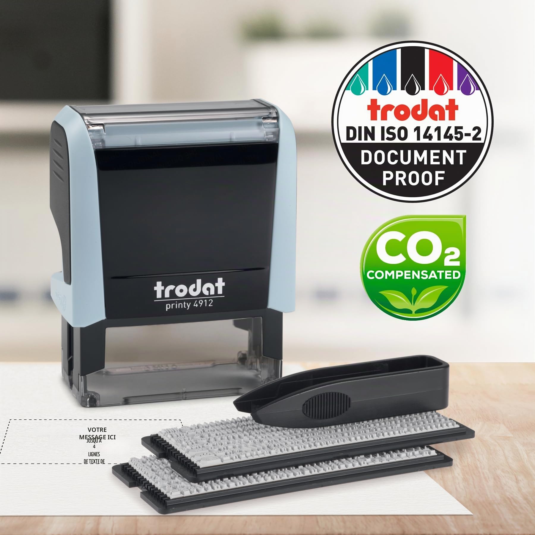Trodat Printy Typomatic 4912T - Tampon Encreur Professionnel Automatique 4 lignes - Empreinte 47 x 18 mm À Composer Soi-Même (Bleu Pastel)