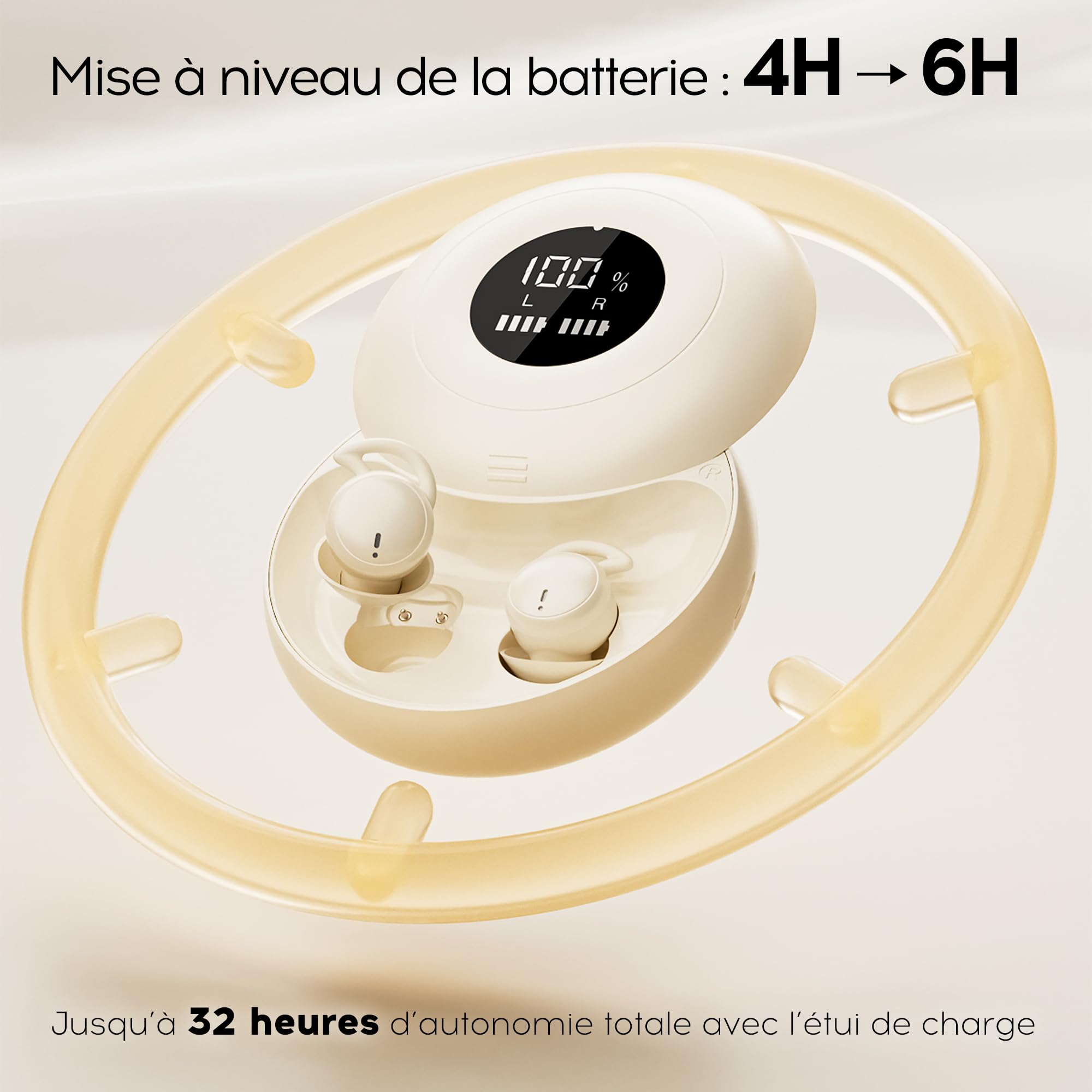 Écouteurs de Sommeil, Mini Écouteurs Bluetooth 6.0 Invisibles en Silicone Liquide avec Affichage de Puissance, pour Sport, Travail et randonnée - Blanc cassé