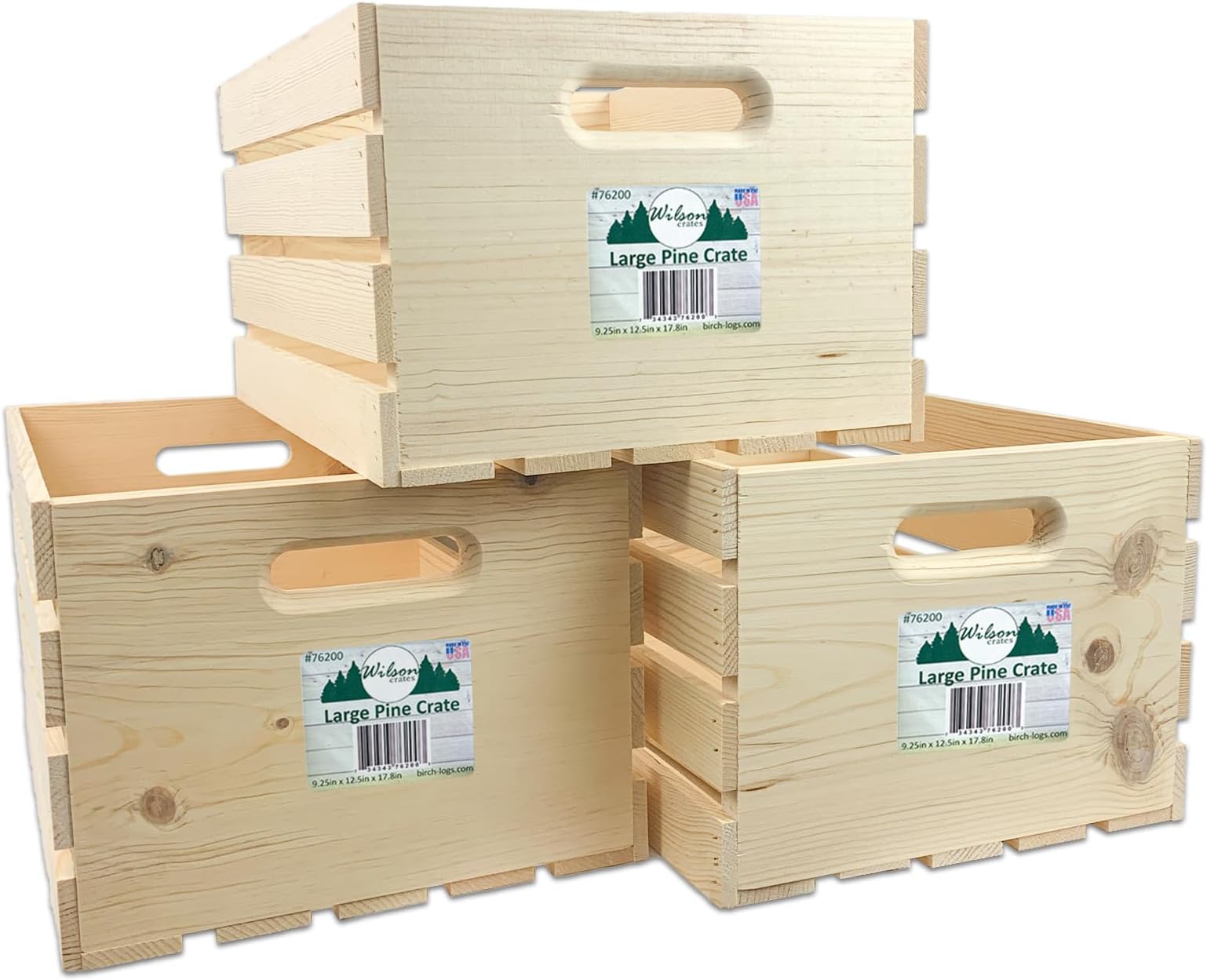 Wilson Large Wooden Pine Crate for Storage and Decoration at Home, Office, Kitchen, Bedroom, and Retail (12.5"x9.625"x17.875") (Set of 3)