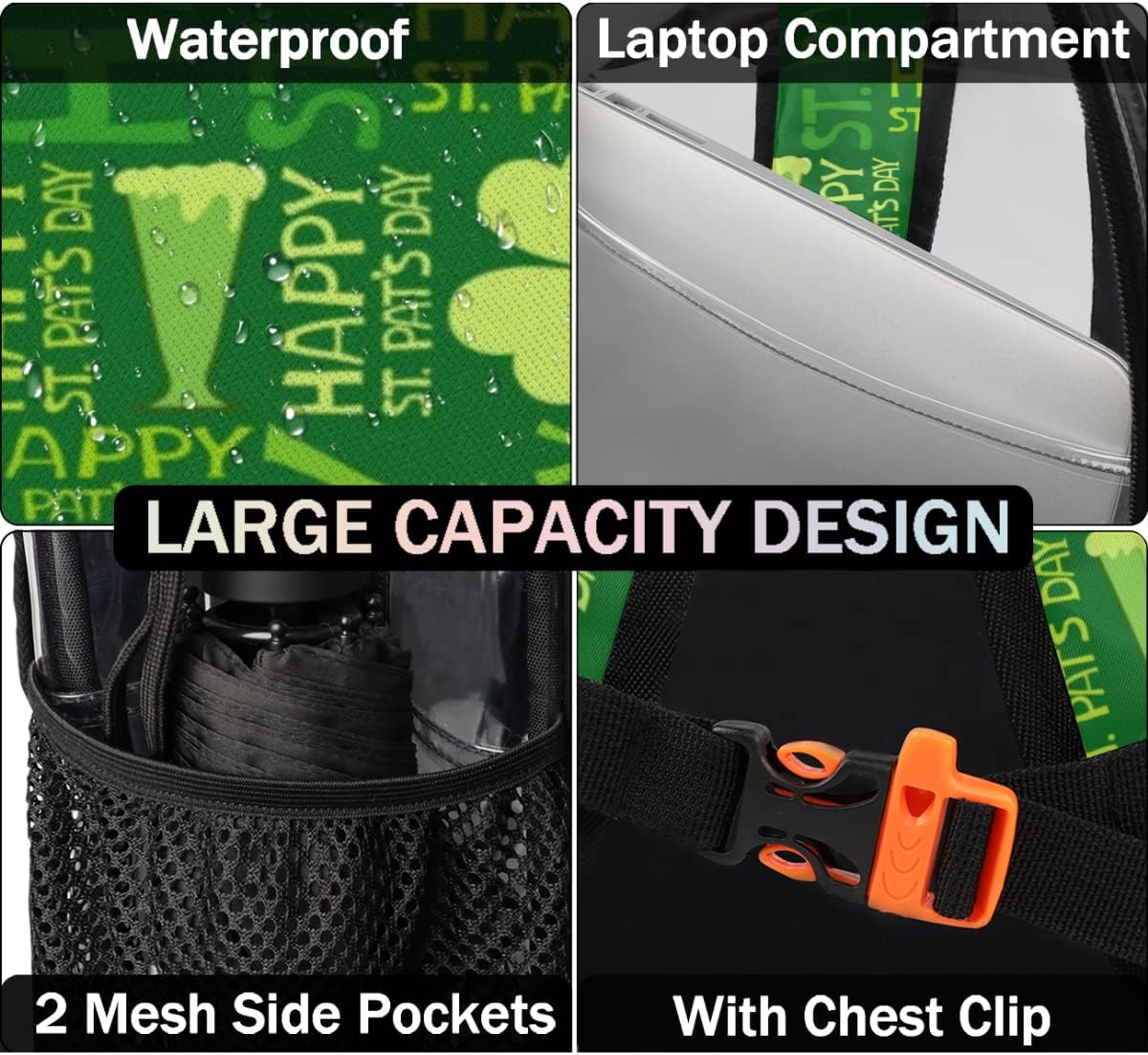 St. Patrick's Day Shamrocks Clovers Clear Backpack Stadium Approved Heavy Duty PVC Transparent Backpacks Large Laptop Backpack for Work Travel Sports Events Concerts