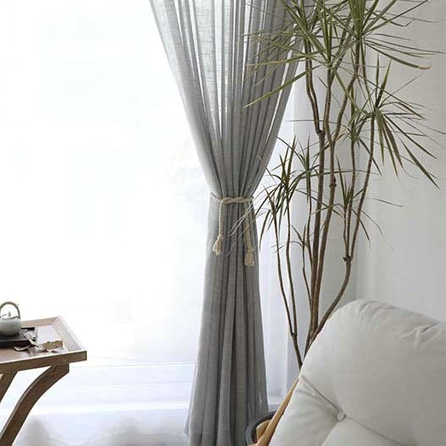Daesar Window Curtains 2 Panel Sets, Polyester Linen Grommet Voile Curtains 52" W x 84" H Drapes Chinese Style Solid Color Texture Light Grey Sheer Curtains for Bedroom Living Room