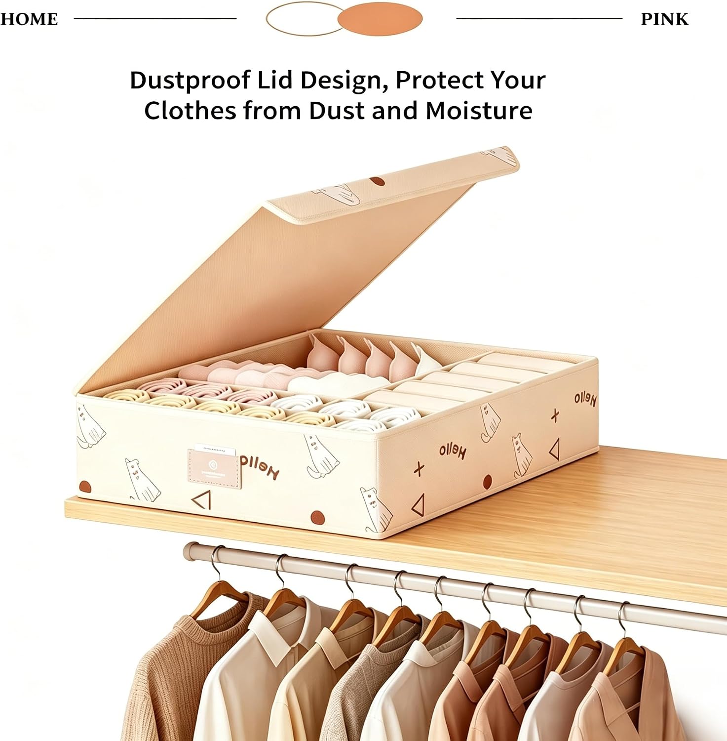 Underwear Sock Organizer with Lid, Foldable Drawer Organizer for Socks, Underwear, Bras, Lingerie, Closet Storage Box with Dividers, Dustproof Dresser Organizer for Bedroom