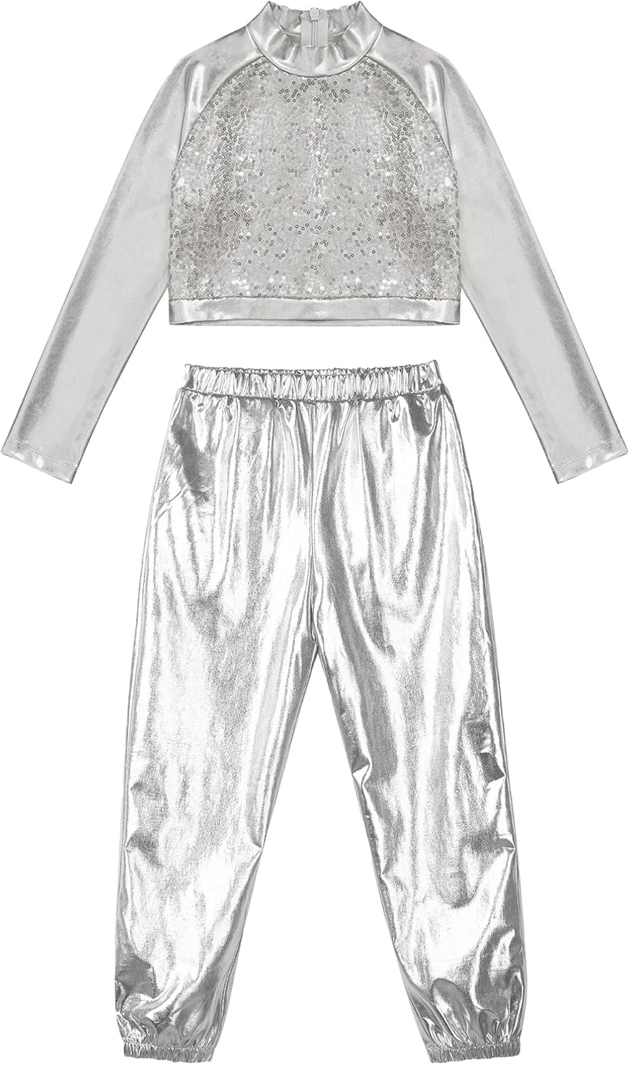 TiaoBug Kids Girls Sparkly Jazz Hip Hop Ballet Dance Outfits Turtleneck Long Sleeve Crop Top and Metallic Harem Pants