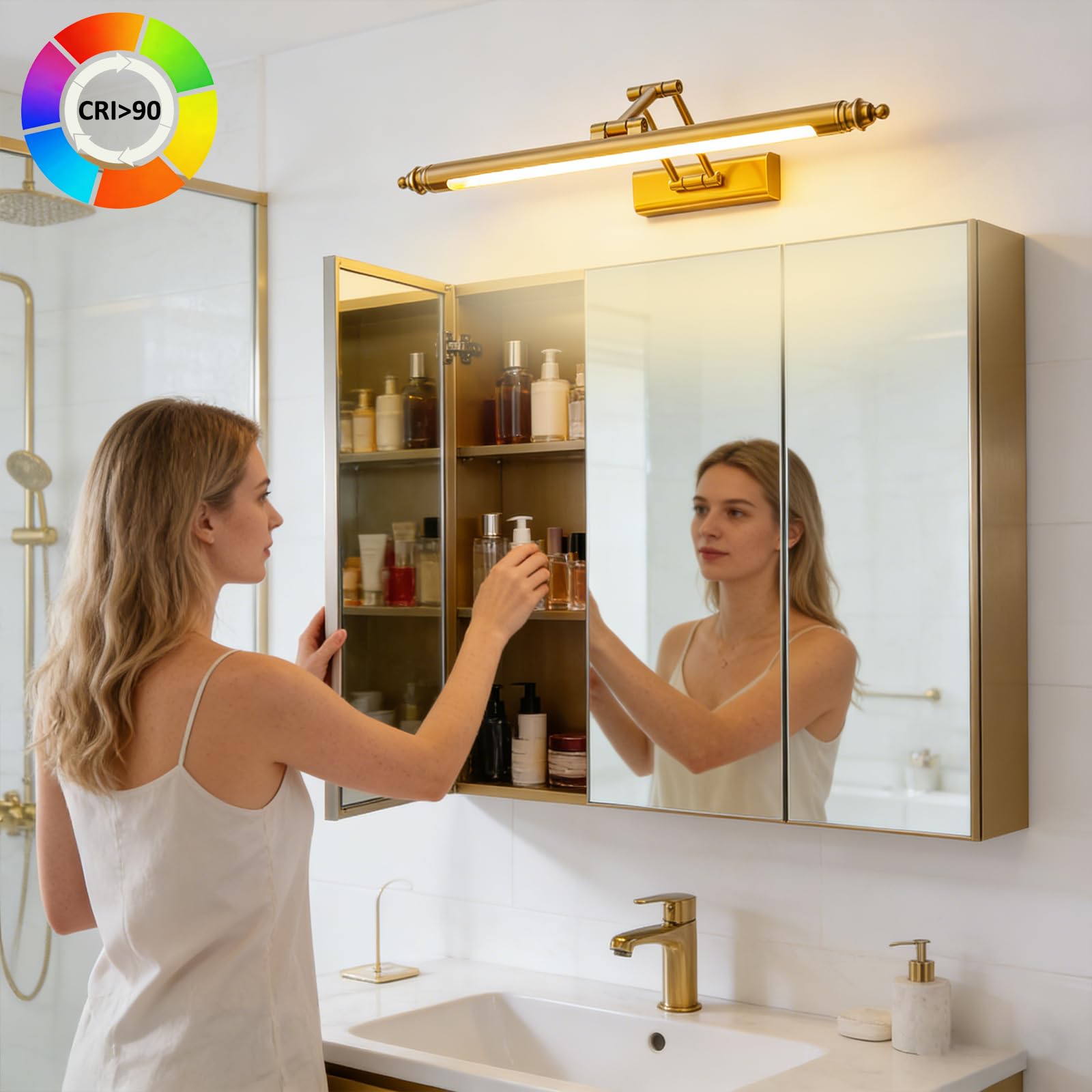 Lampada da Specchio Bagno Vintage, Luce Specchio Bagno LED Ottone Retro, Regolabile Applique in Acciaio Inox, Impermeabile IP44 Bianco Caldo 3000K (60CM12W)