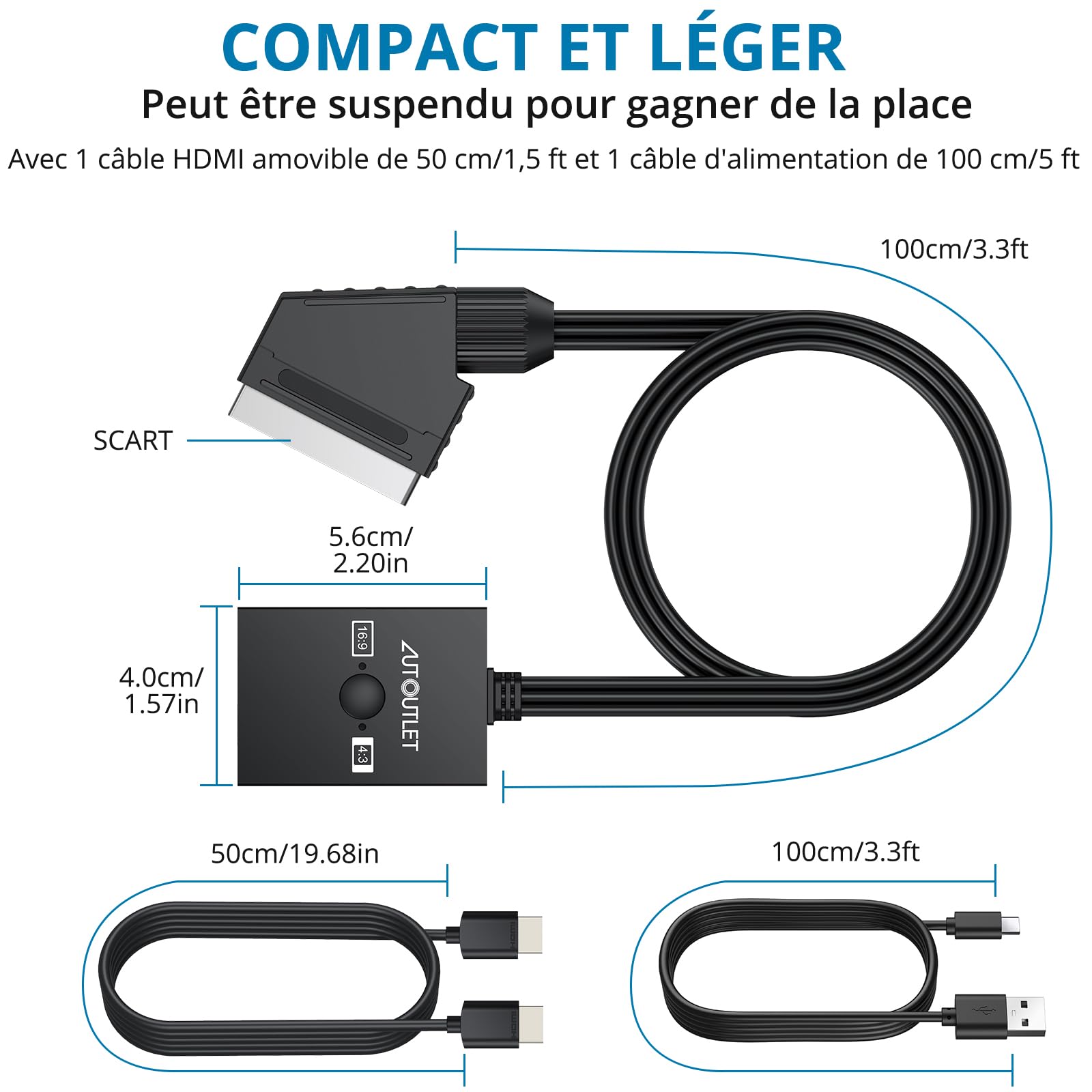 AUTOUTLET Convertisseur péritel vers HDMI, Adaptateur péritel 1080p vers HDMI, Conversion 16:9/4:3 CVBS Composite Adaptateur Audio vidéo Prend en Charge PAL/NTSC Scart vers HDMI
