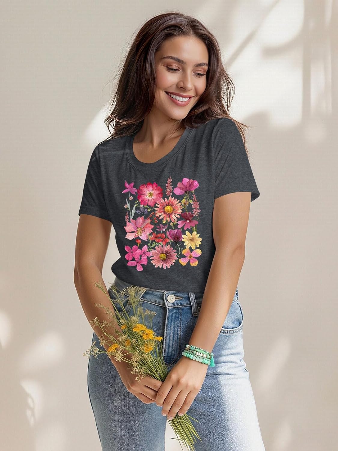 Womens Boho Shirts Vintage Floral Tshirt Cottagecore Wildflowers Graphic Tees Bohemian Short Sleeve Tops - Image 3