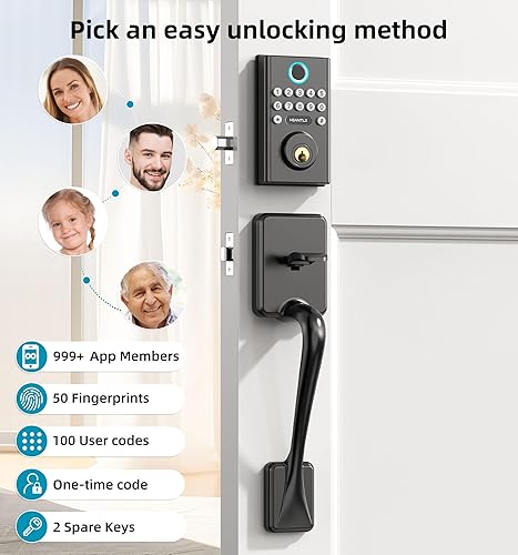 Miniatura 7 de Cerradura de puerta delantera WiFi con asa HEANTLE - Juego de cerrojo inteligente sin llave con teclado, cerradura de huellas dactilares, manija,