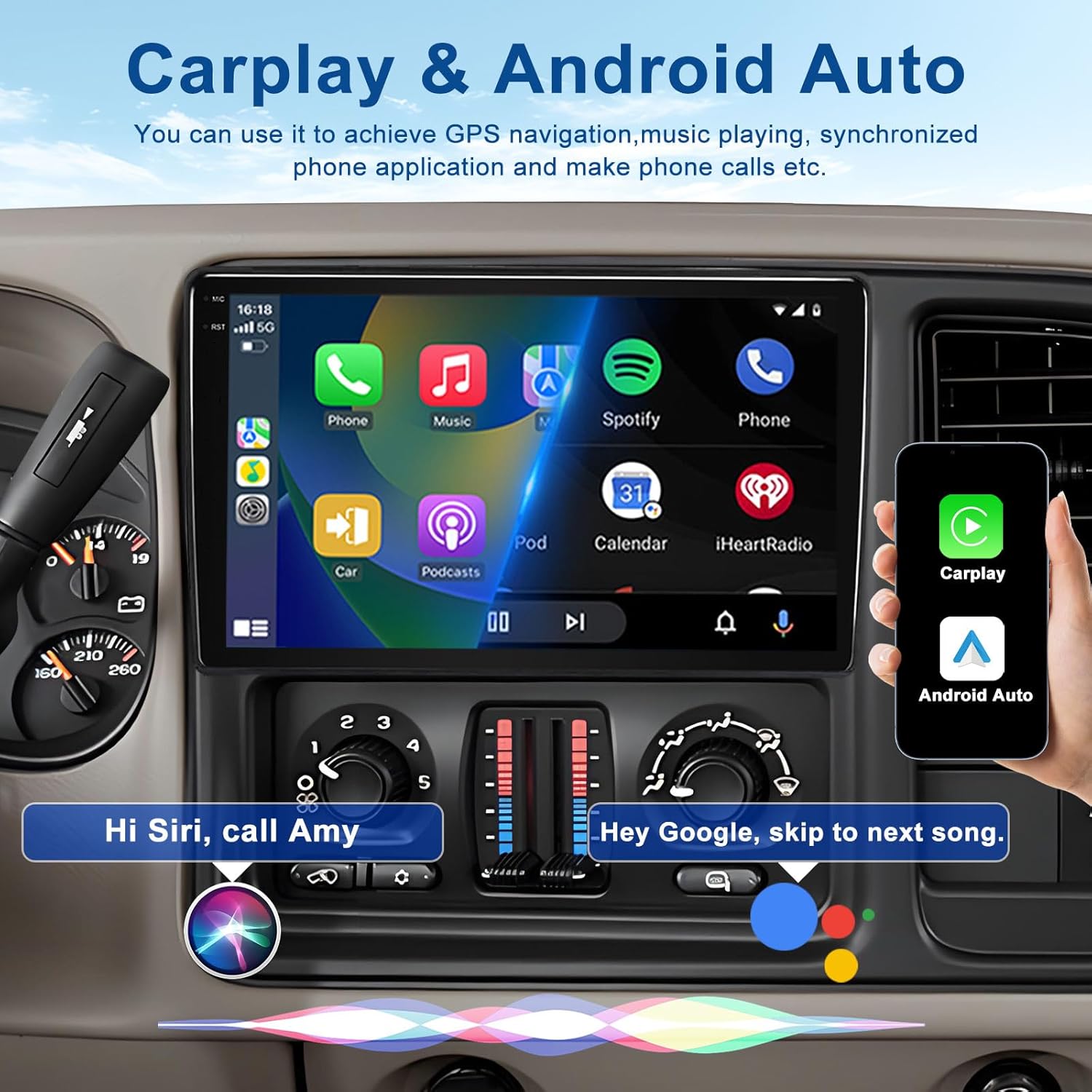 9" Car Stereo for Chevy Silverado Suburban Tahoe Avalanche 2003-2006, 4+64G Android 15 QLED Touchscreen Car Radio with Wireless CarPlay & Android Auto, GPS, Backup Camera, Bluetooth, FM/AM, DSP