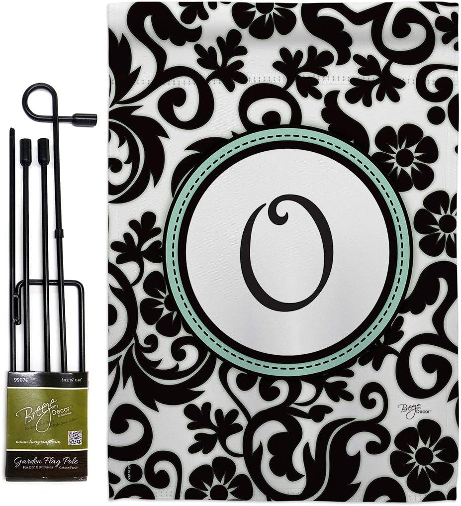Damask O Initial Garden Flag Set Wall Holder Monogram Country Living Floral Vintage Letter Everday Classic Small Decorative Gift Yard House Banner Double-Sided Made In USA 13 X 18.5