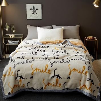 Reversible Fleece Blanket, Plush Blanket Heavy Korean Style Mink Blanket Silky Soft and Warm, 2 Ply A&B Printed Raschel Bed Blanket,Smile,150 * 200cm/2.5kg
