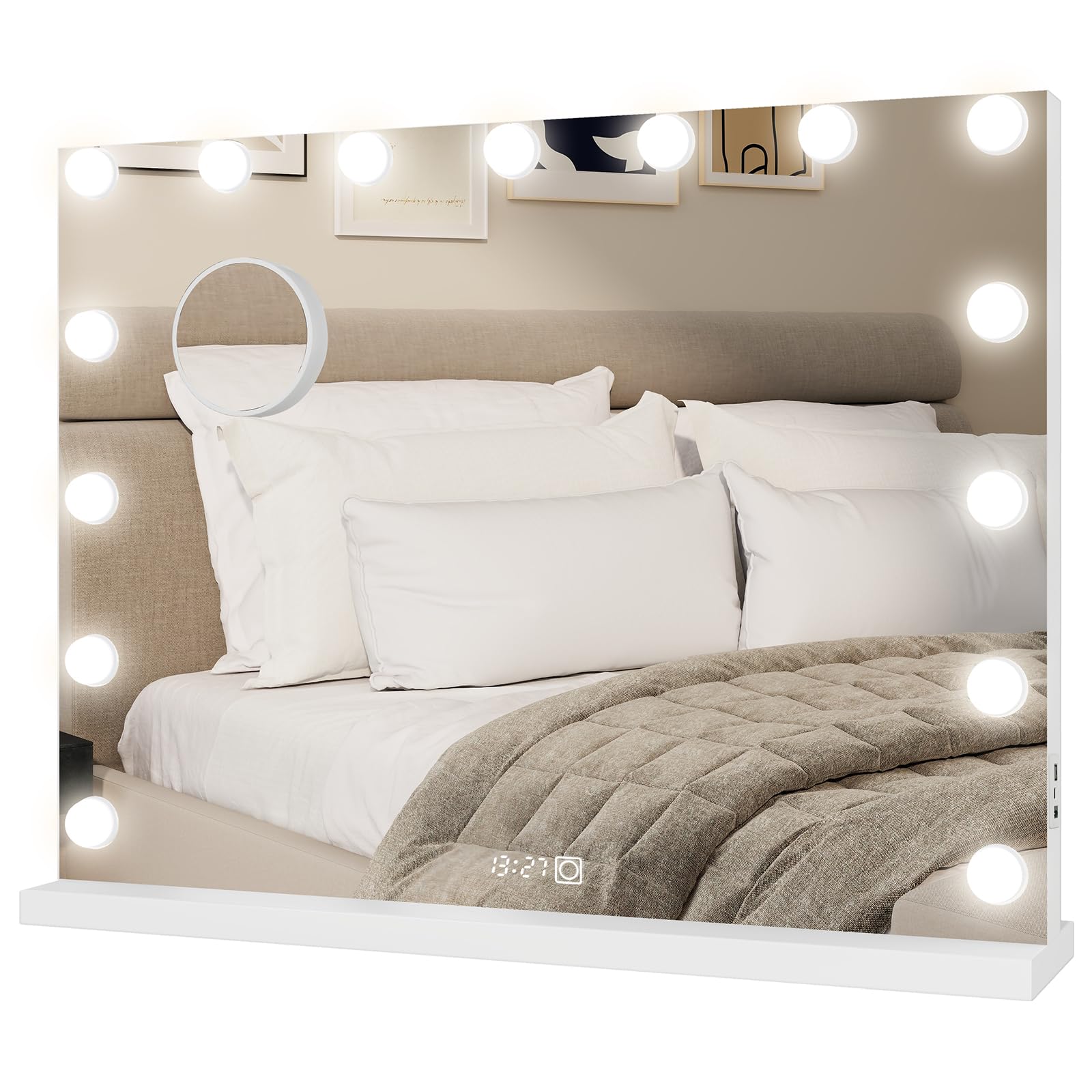 YU YUSING Specchio Trucco con Luci 80x60cm Hollywood con 18 Lampadine LED, 3 Modalità di Luce, Controllo Touch, Display Digitale, Type-C e USB, Ingrandimento 10x, da Tavolo, da Parete