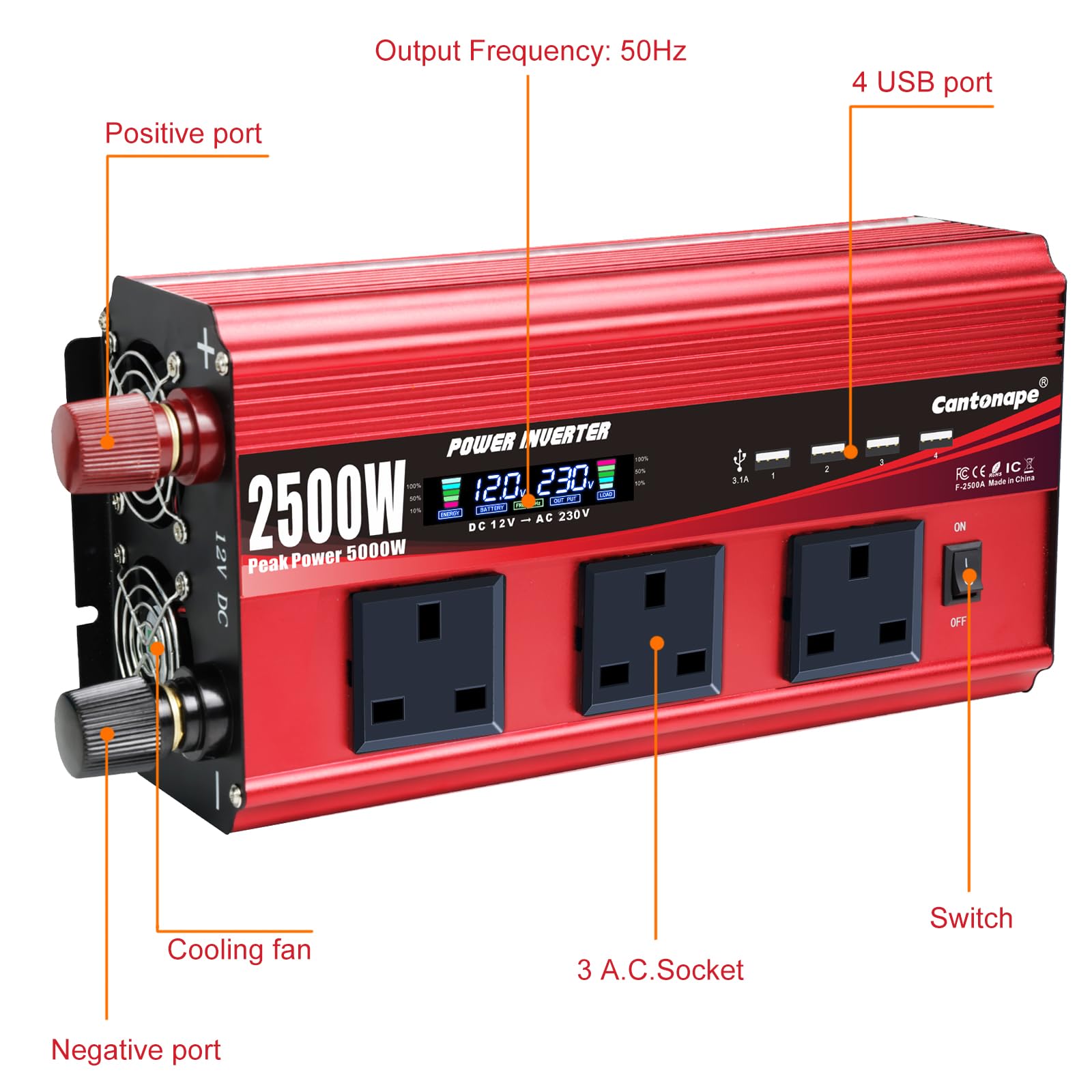 Cantonape Inversor De Corriente Coche 2500W 5000W de12V A 220V con 4 USB y 3 tomas Reino Unido con control remoto inalámbrico para Coche, Caravana, Barco, cámping