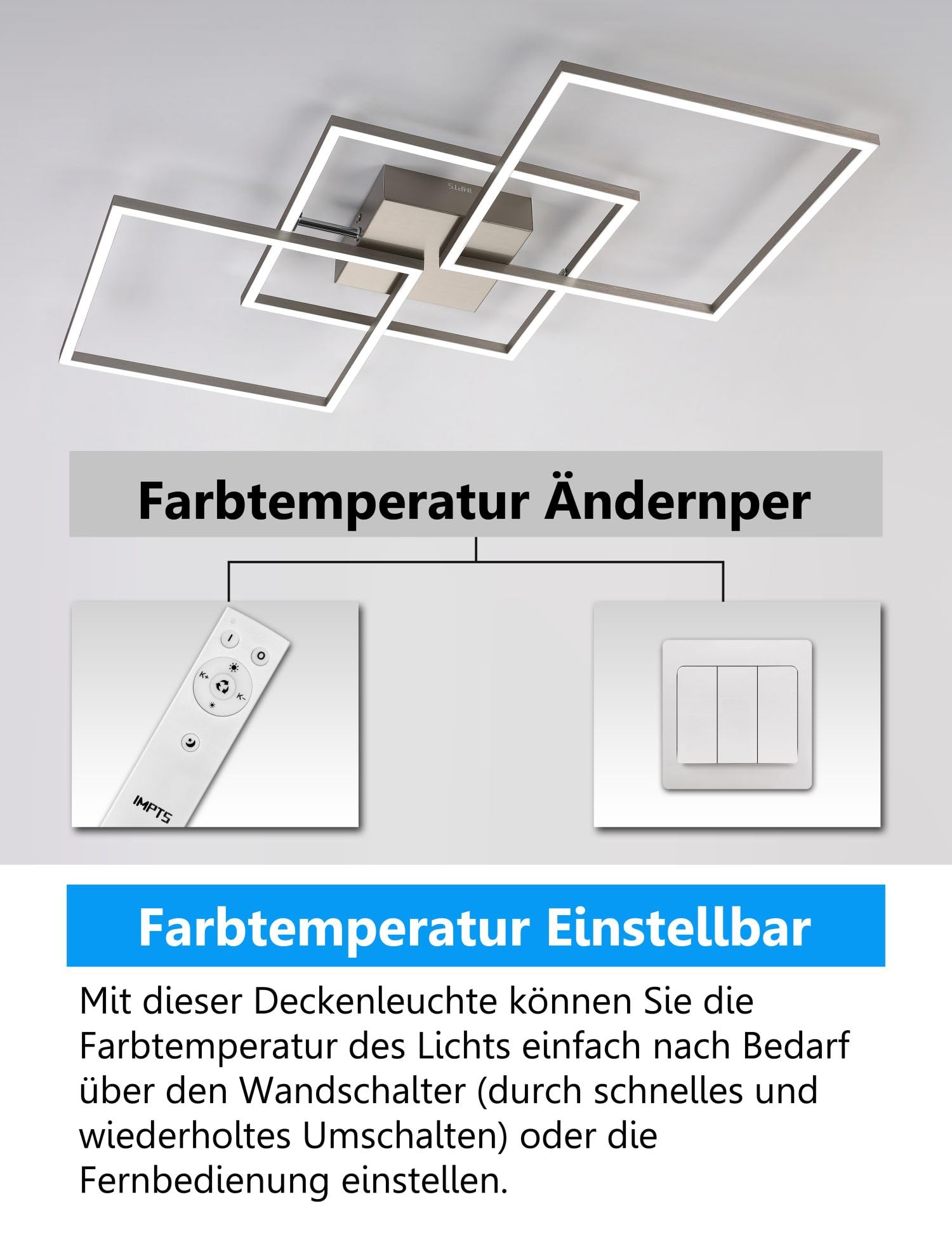 IMPTS LED Deckenleuchte Dimmbar Deckenlampe mit Fernbedienung Modern Wohnzimmerlampe Flurlampe 34W Metall Eckig Deckenbeleuchtung für Wohnzimmer Küche Schlafzimmer Flur Balkon