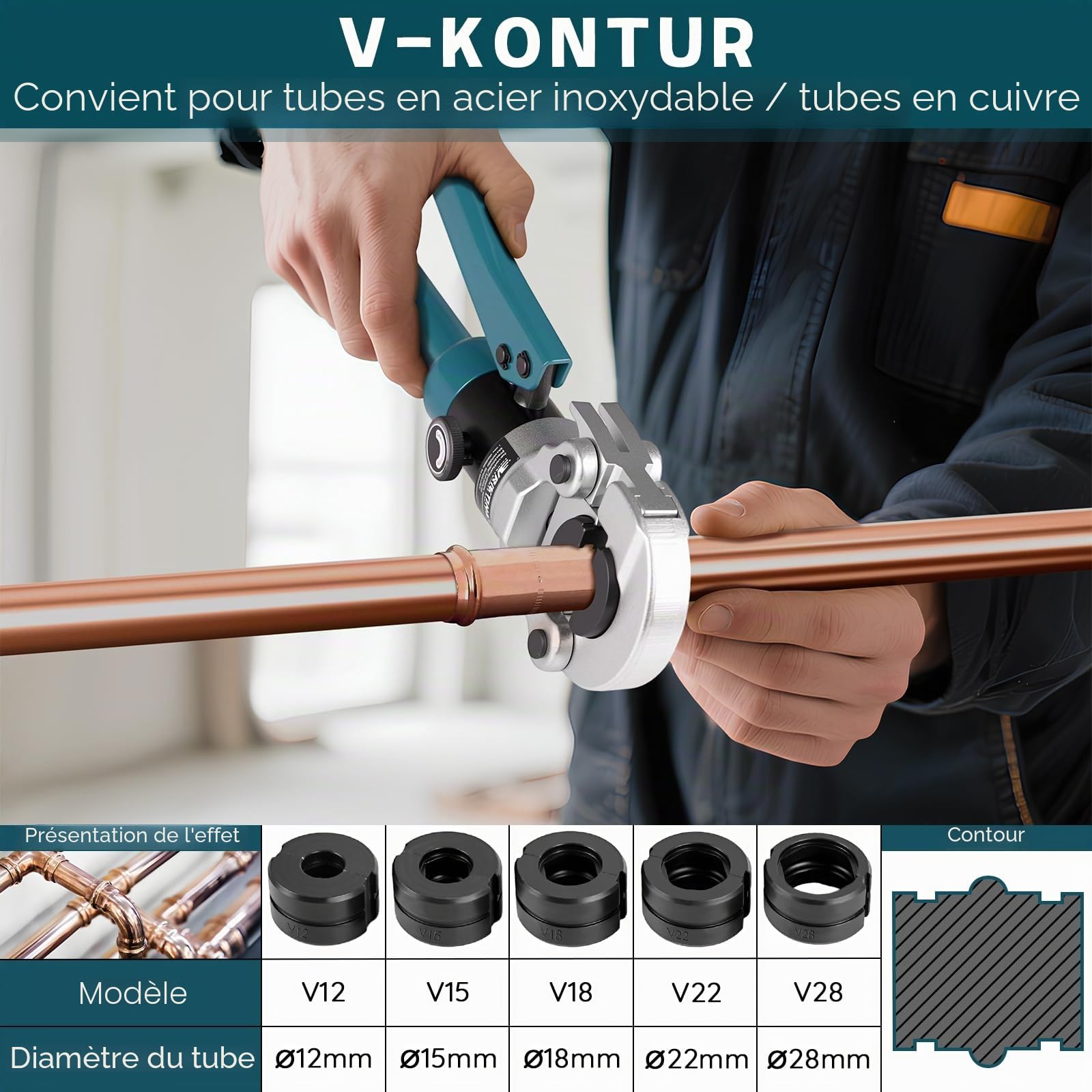 Pince à sertir professionnelle pour tube en cuivre avec contour V et contour TH avec coupe-tube et ébavureur, pince à sertir manuelle, pince à sertir en cuivre, avec V12, V15, V18, V22, V28 et TH16