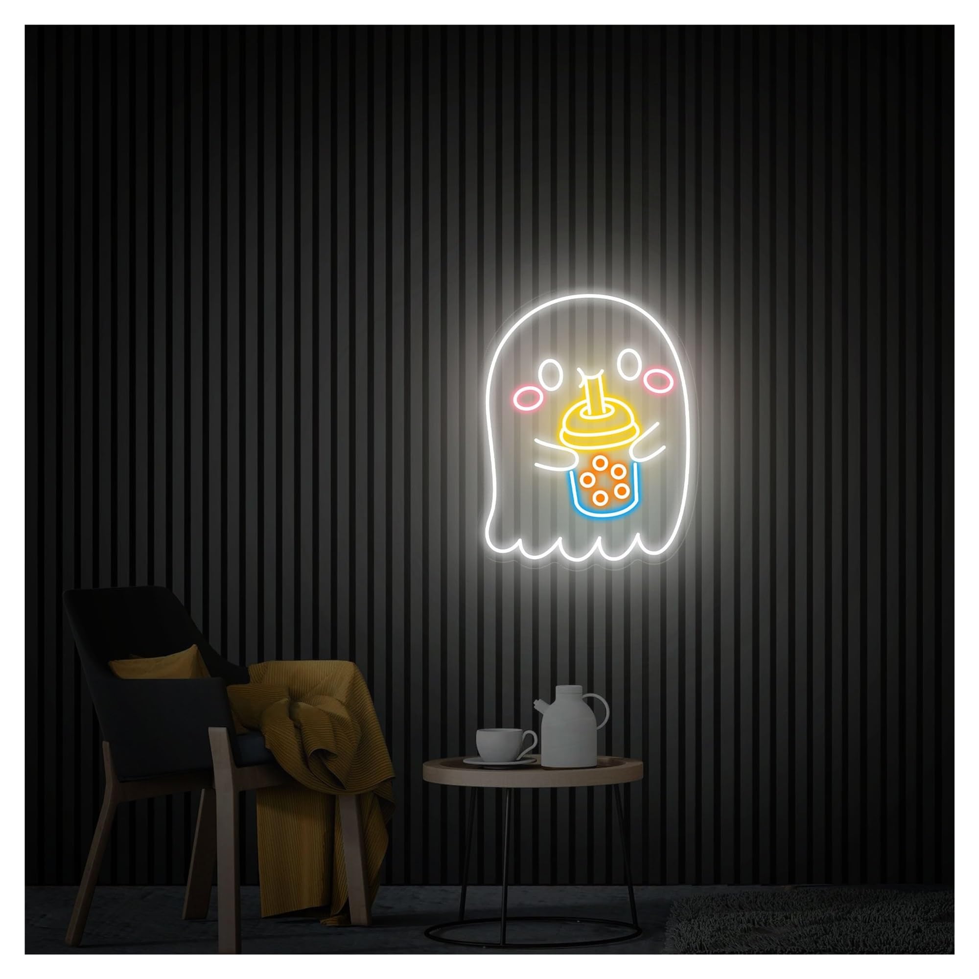 RONGCH Hanging Art Signs Ghost Drinking Bubble Tea Neon Sign,Suitable for Cafe Wall Decor with Dimmable 31cmx40cm(E)