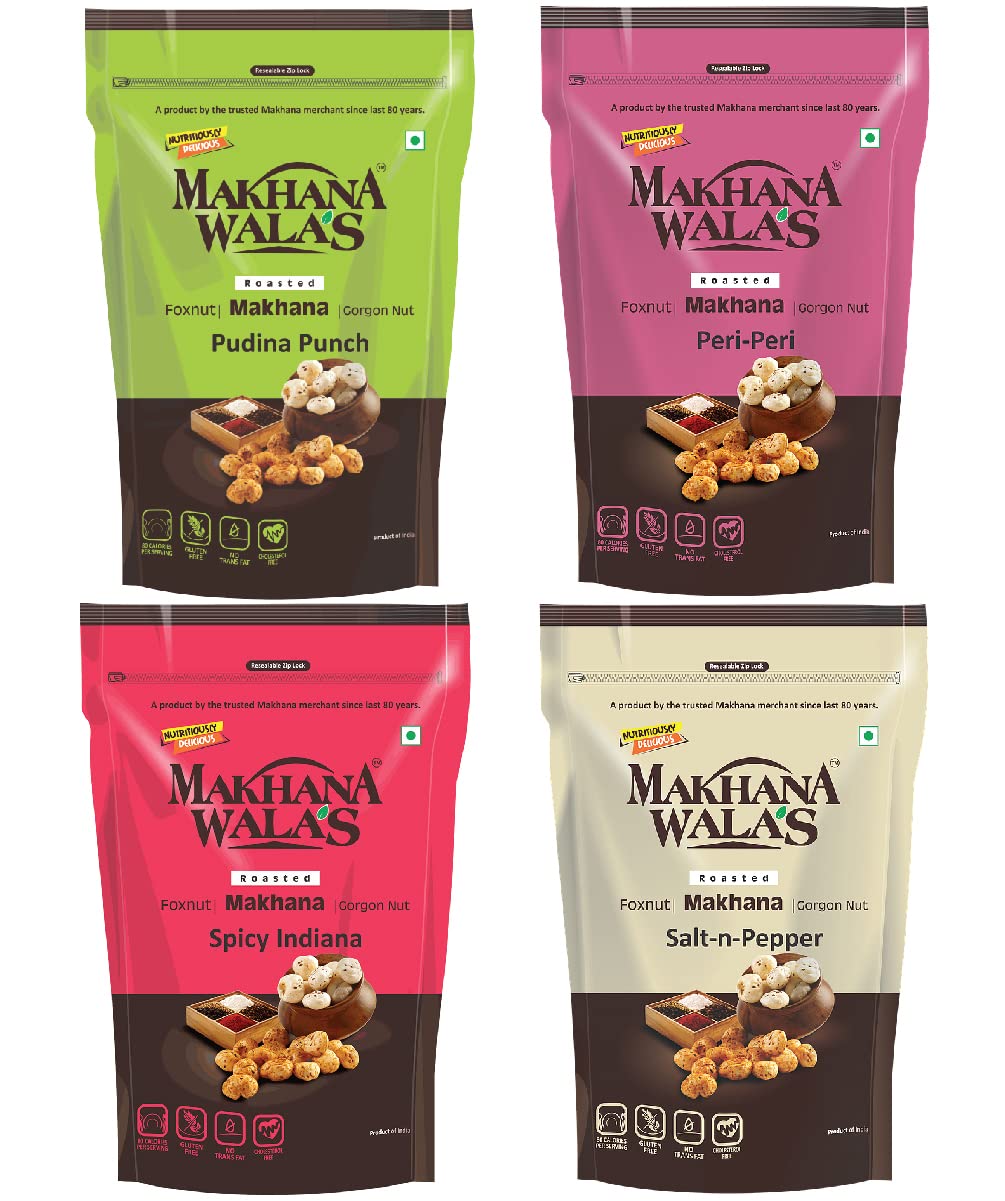 MAKHANA WALAS Tangy Tasty Roasted & Flavoured Makhana (Foxnuts)/ Gorgon Nut/ Lotus Seeds | Combo Of Pudina Punch + Peri-Peri + Spicy Indiana + Salt & Pepper | Pack Of 4, 70 G Each. (B08SBYY3B8) Amazon Price History, Amazon Price Tracker