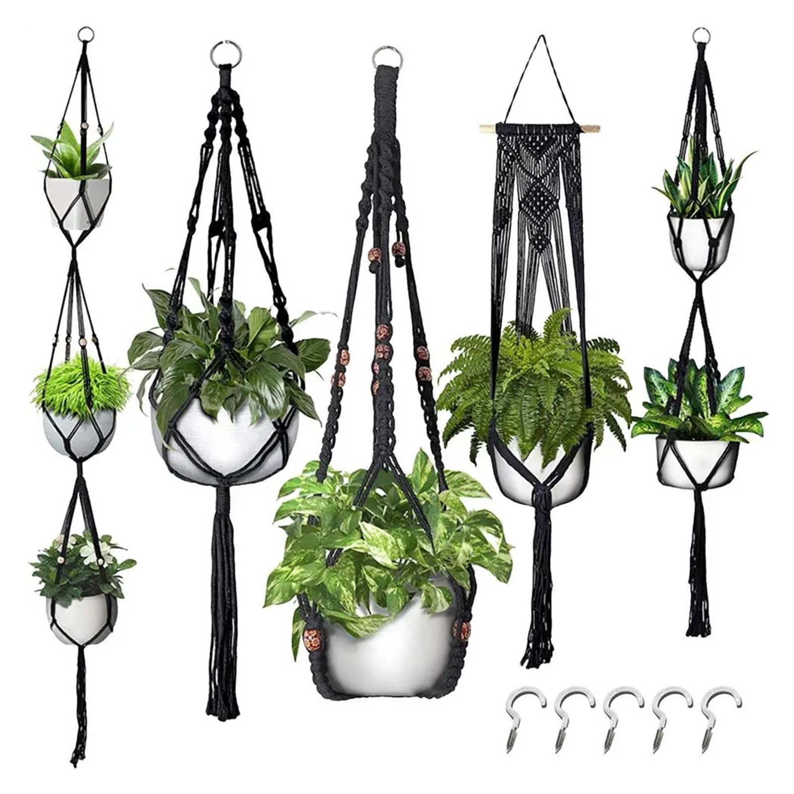 Lot de 5 suspensions en macramé pour plantes grasses, pothos, décoration de plafond (noir sans pot)
