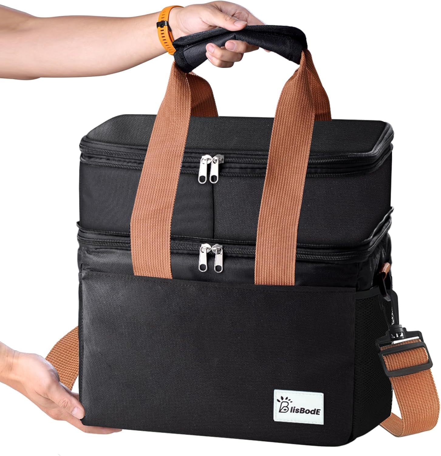 Insulated Lunch Bag & Lunch Box for Men and Women - Expandable Double Deck, Leakproof Soft Cooler Bag with Side Tissue Pocket - Large Adult Lunch Tote for Work, Picnic, Beach 20L (Black)