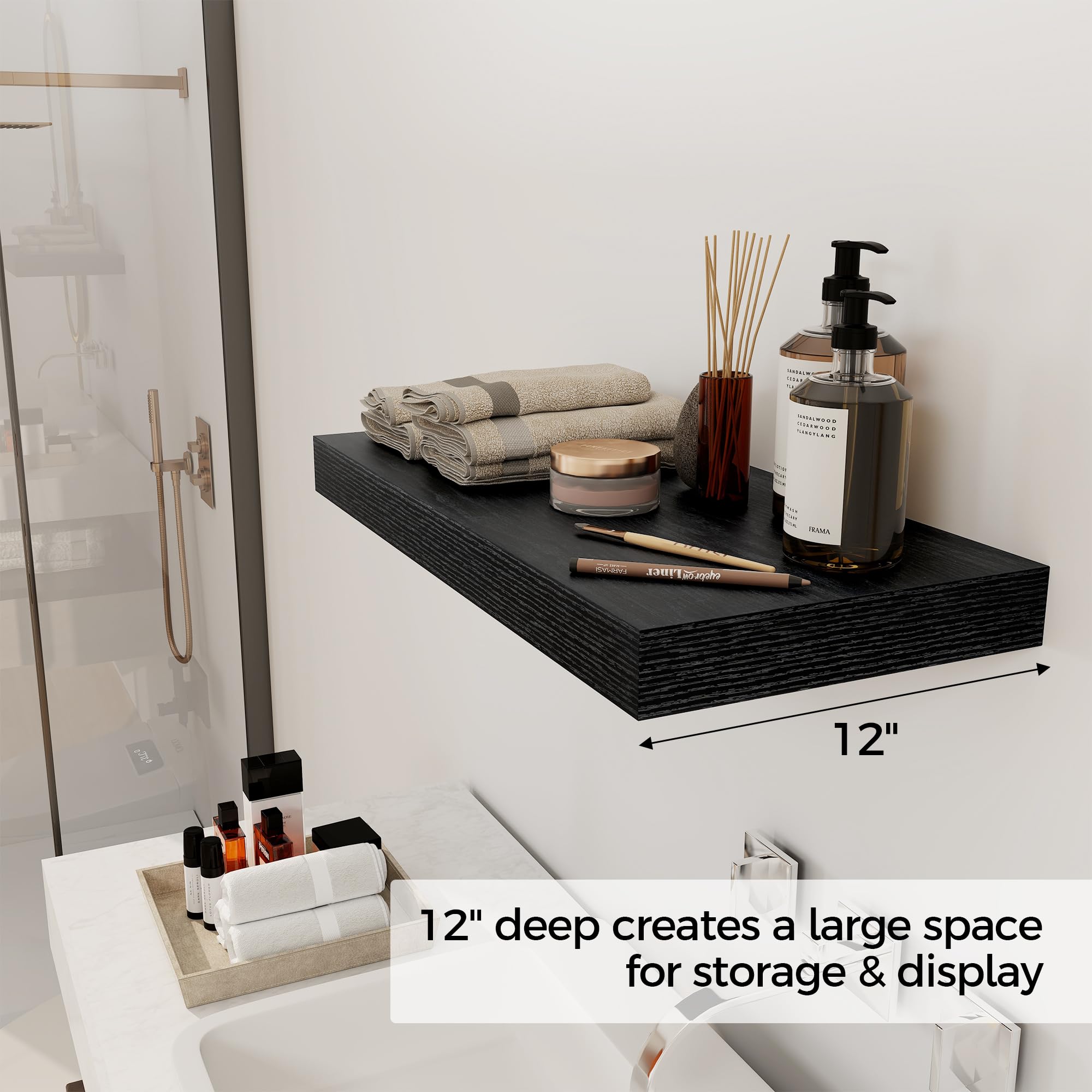 30,5 cm tiefes schwarzes Schweberegal, 61 x 30,5 cm, schwebendes Regal für Bücher, rustikales Holz, tiefe Wandregale für Zuhause, Aufbewahrung und Display, 5,1 cm dicke Regale für Küche, Wohnzimmer
