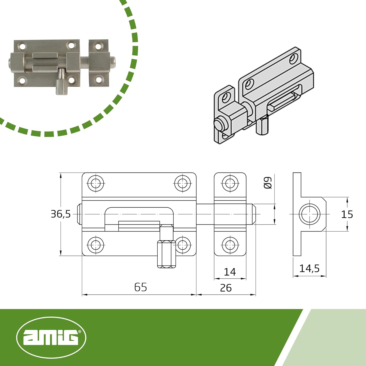 Amig - Overlay Pin for Doors Mod.700-65 x 37 mm - Security Latch for Horizontal or Vertical Closing - Brass with Matt Chrome Finish - Includes Coach Screws