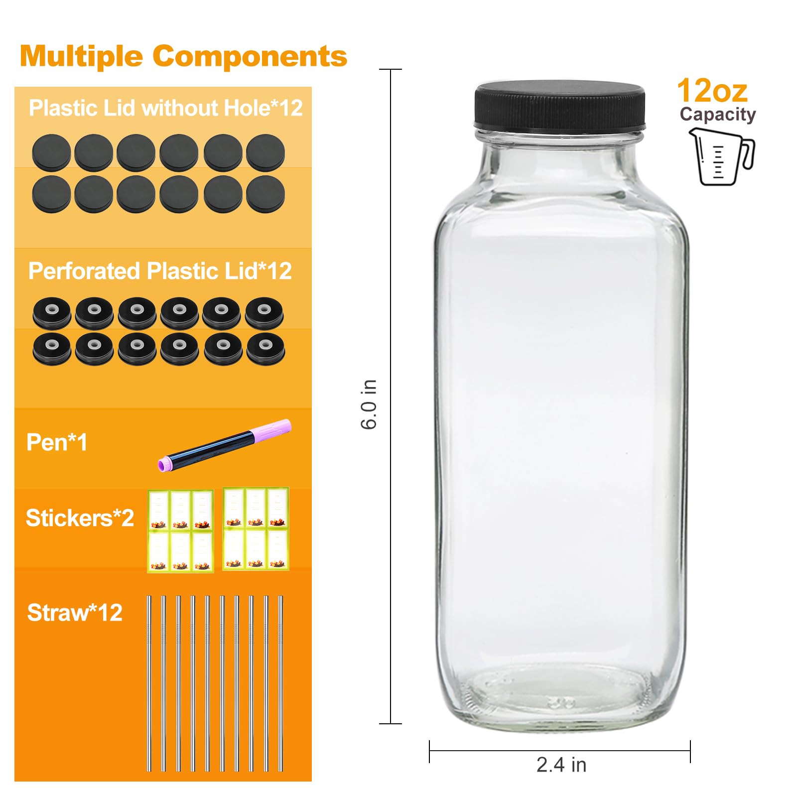 Maredash 12oz Glass Bottles with lids,juice bottles gifts for women,glass bottles with lids,glass water bottles. Kit includes Stainless Steels Straws,Two Types of Lids,Cleaning Brush 12pcs