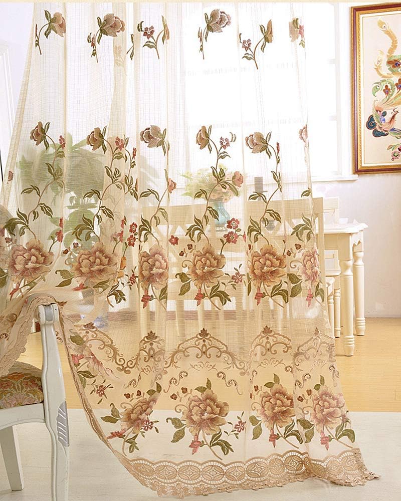 Luxury Rustic Floral Sheer Curtains Embroideied Peony Tulle Voile Curtain Panels European Rod Pocket Bedroom Curtains for Living Room/Sliding Glass Door 1 Panel 100 Inch Wide by 84 Inch Long