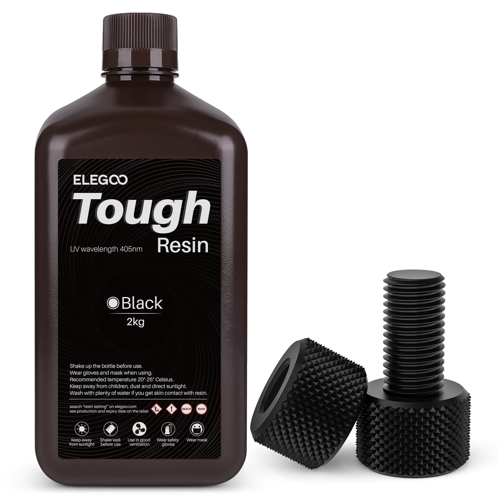 ELEGOO Tough Resin, Resina Dura con Elevata Resistenza Agli Urti, Forte Allungamento e Alta Flessibilità per Tutte le Stampanti 3D LCD/DLP, Nero 2KG