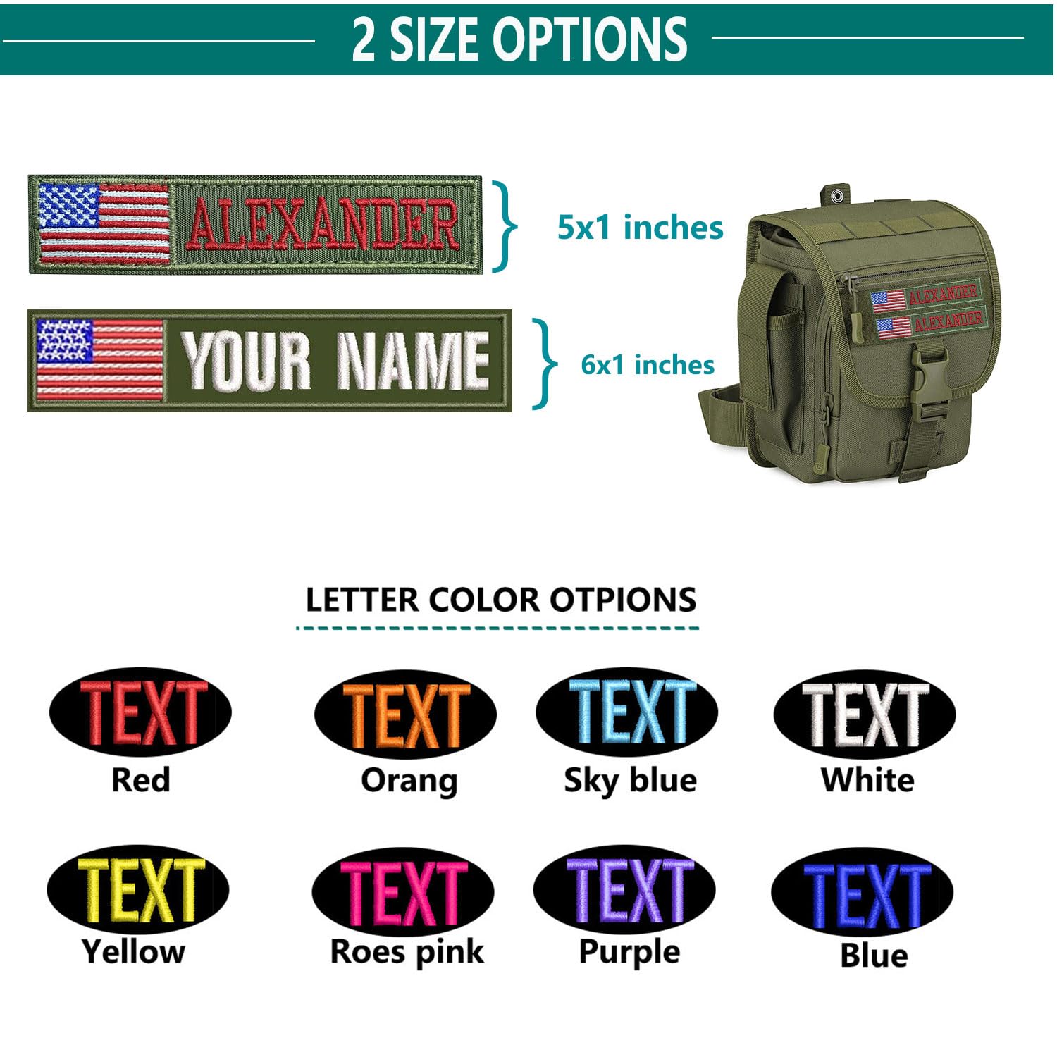 2PCS Customizable Name Patches with Hook Fastener? Army Green &Personalized Tactical Morale Embroidered Name Tapes with American Flag Patch for Hats Caps Bags Backpacks Tactical Vest Military