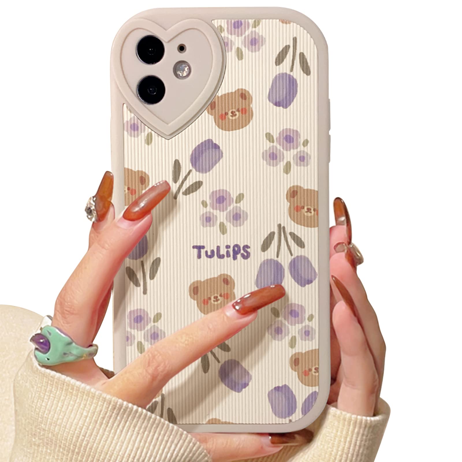 Lovmooful Compatible for iPhone 12 Case Cute Bear Flower Floral with Love Lens Bumper Protector for Girls Women Soft TPU Shockproof Protective Girly