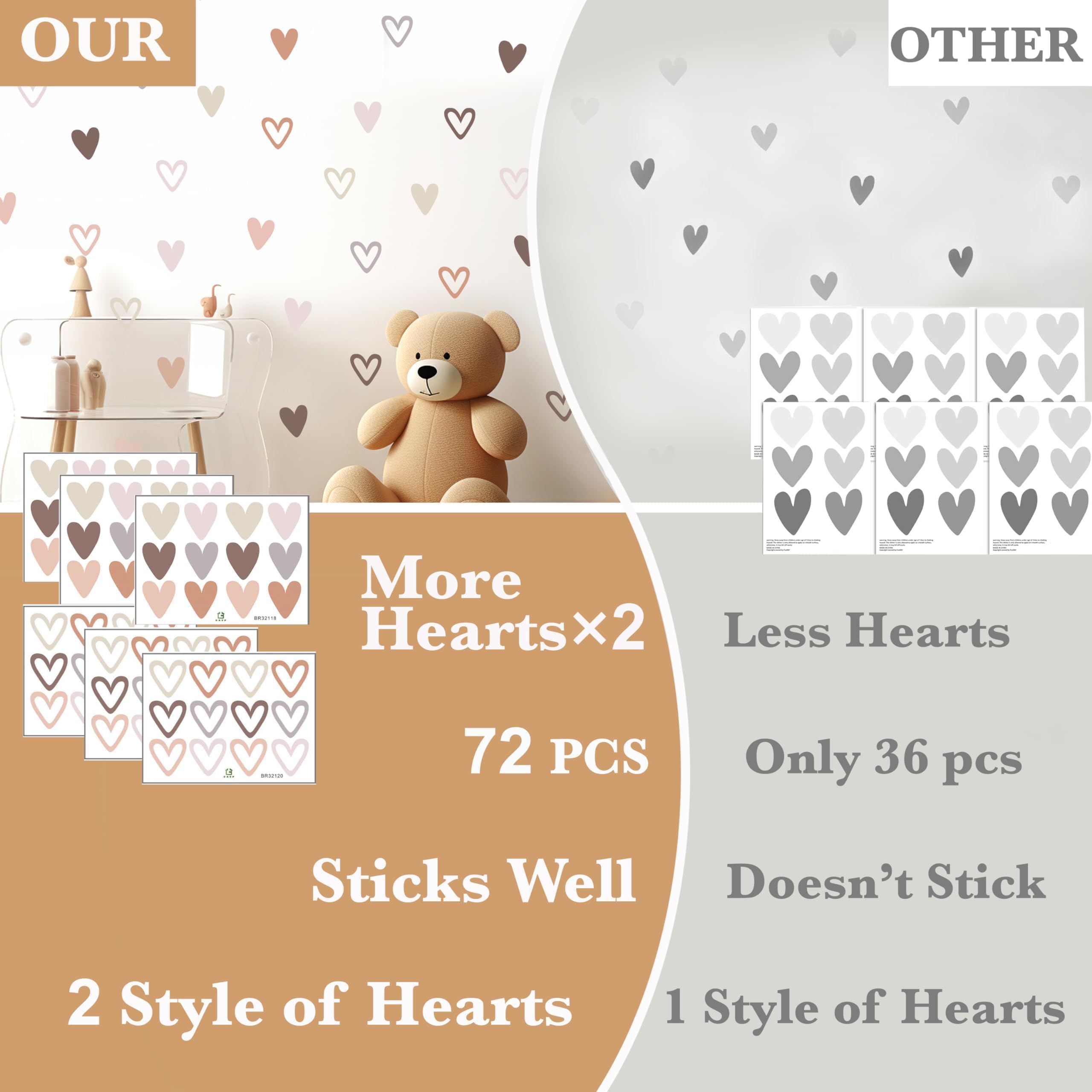 72psc Boho Heart Wall Stickers Girls Bedroom Removable Wall Decals Nursery Kids Decor, Cute Decorations, Pastel Hearts Wall Art Stickers for Kids Room Bedroom Playroom Nursery Room